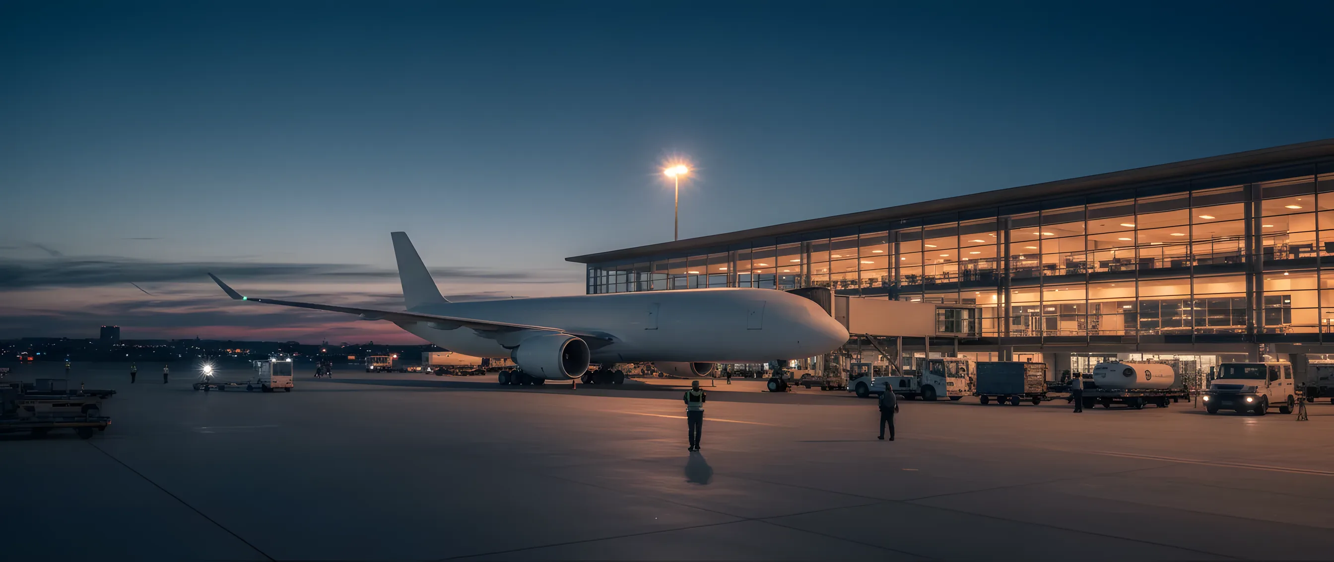A large passenger airplane on the tarmac of an airport terminal at dusk.