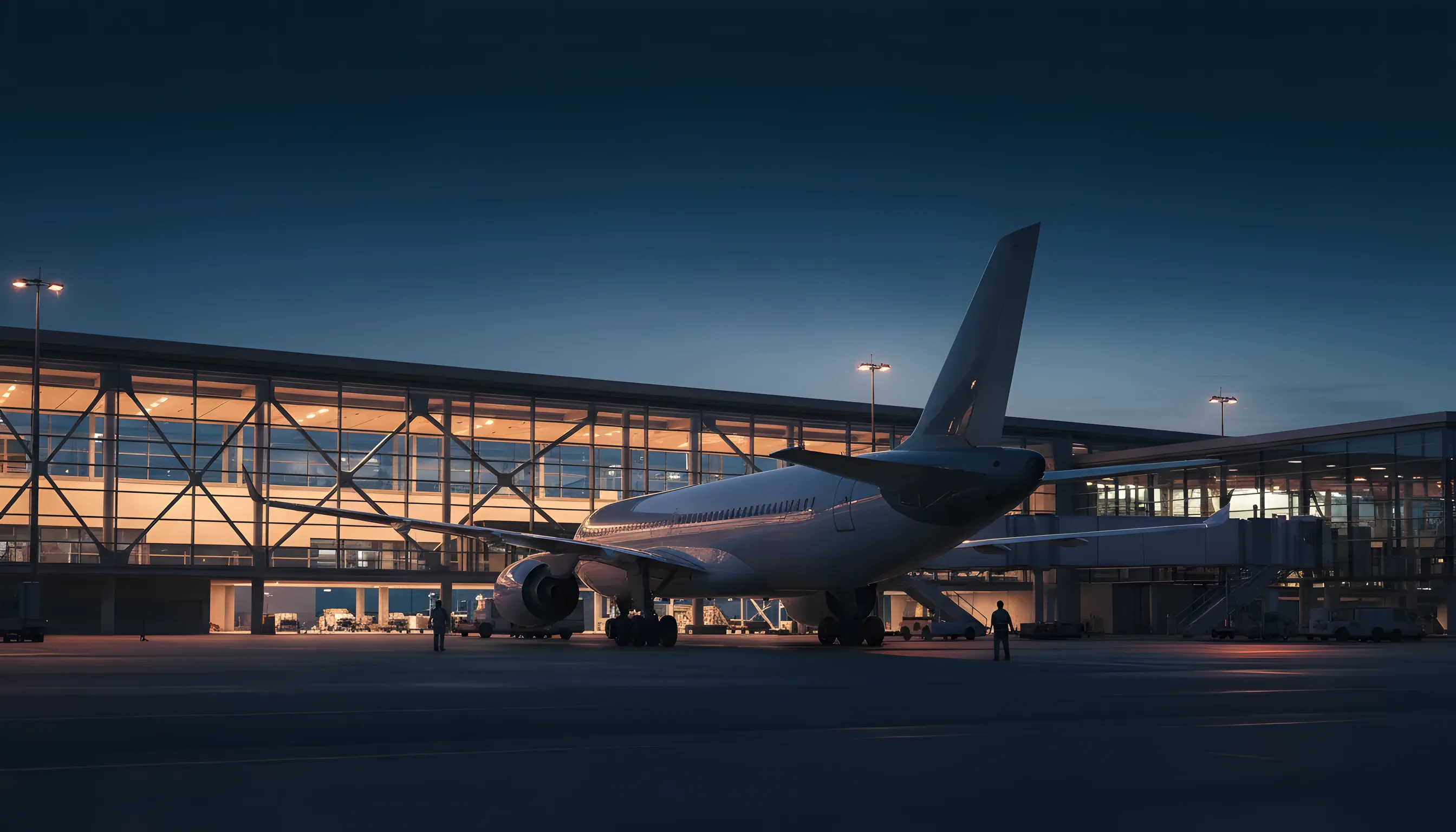 A large passenger jet parked at a modern glass airport terminal at dusk.