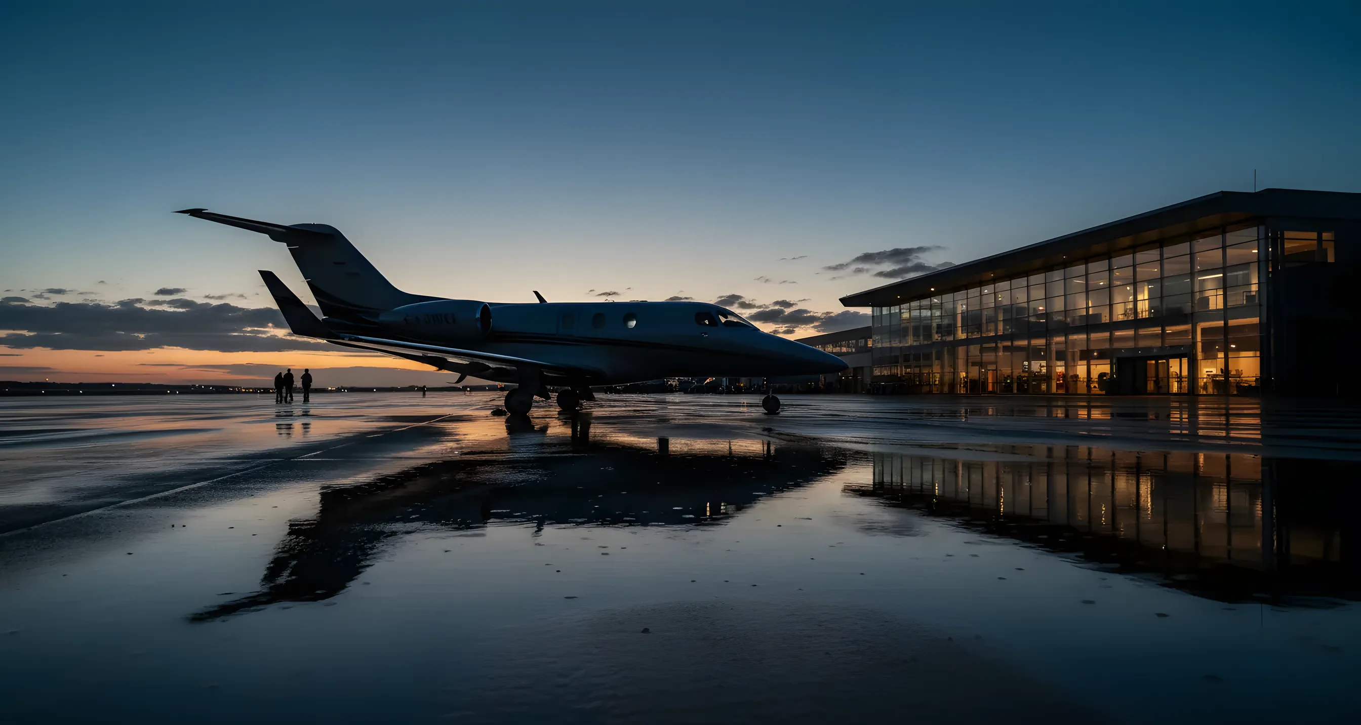 A small private jet on an airport tarmac at dusk.