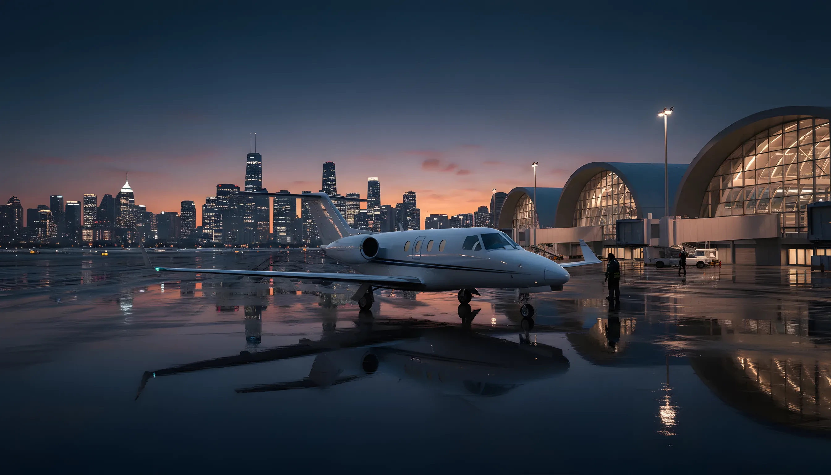 A light private jet on an airport tarmac at dusk, with a city skyline in the background.