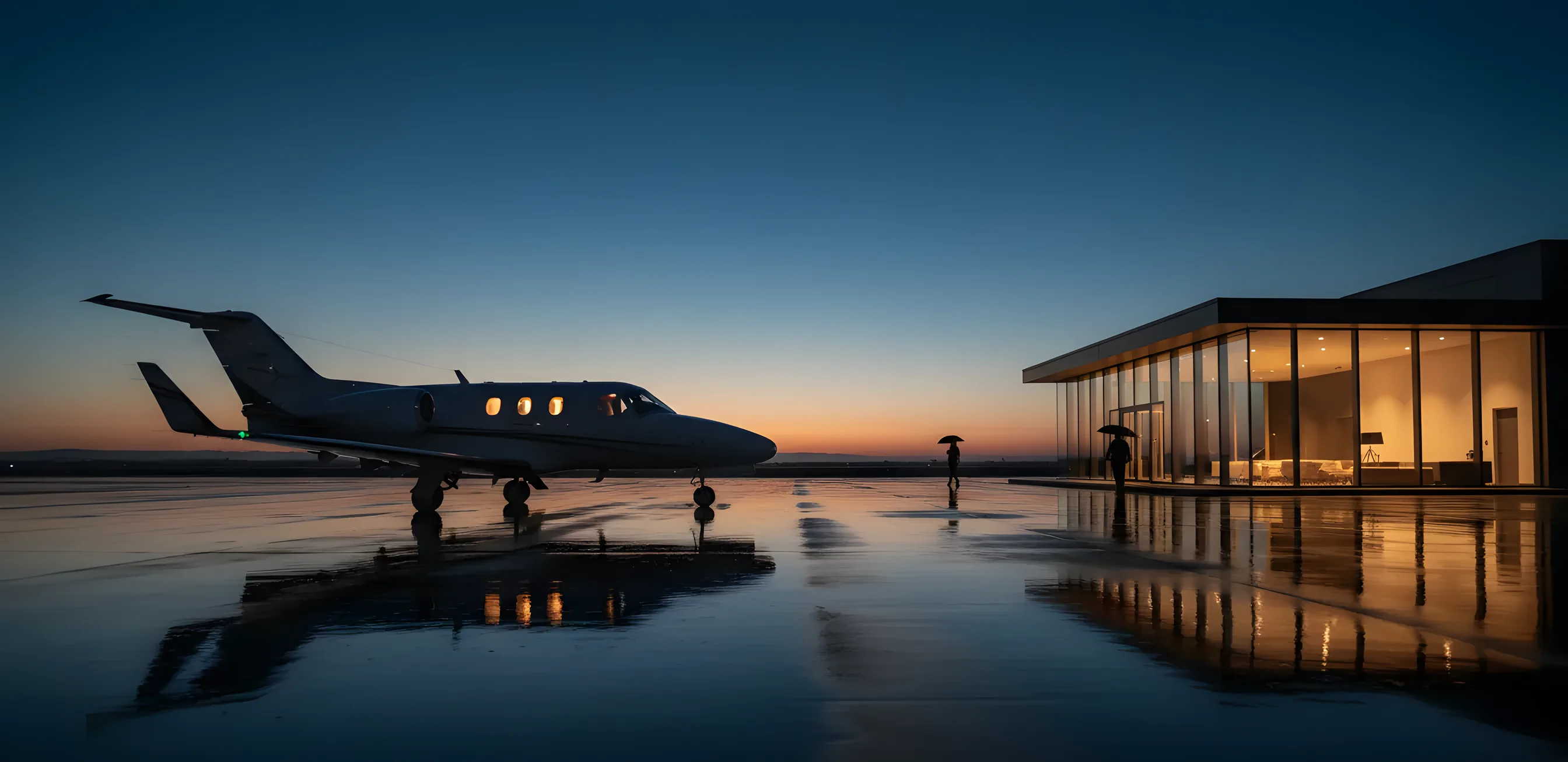 A private jet on an airport tarmac at dusk, with lights glowing from the cabin and a nearby terminal.