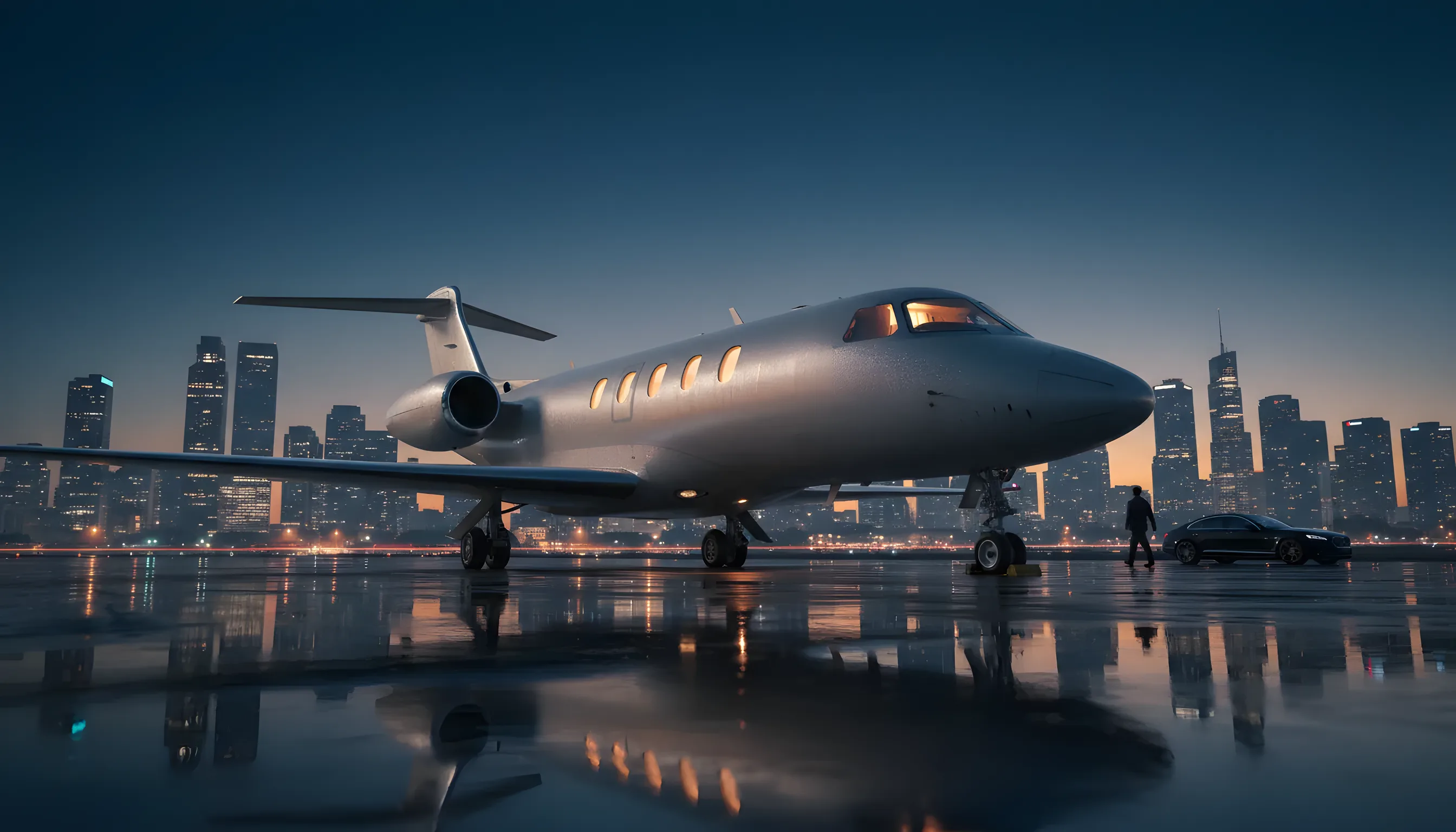 A private jet on an airport tarmac at dusk, with a city skyline in the distance.