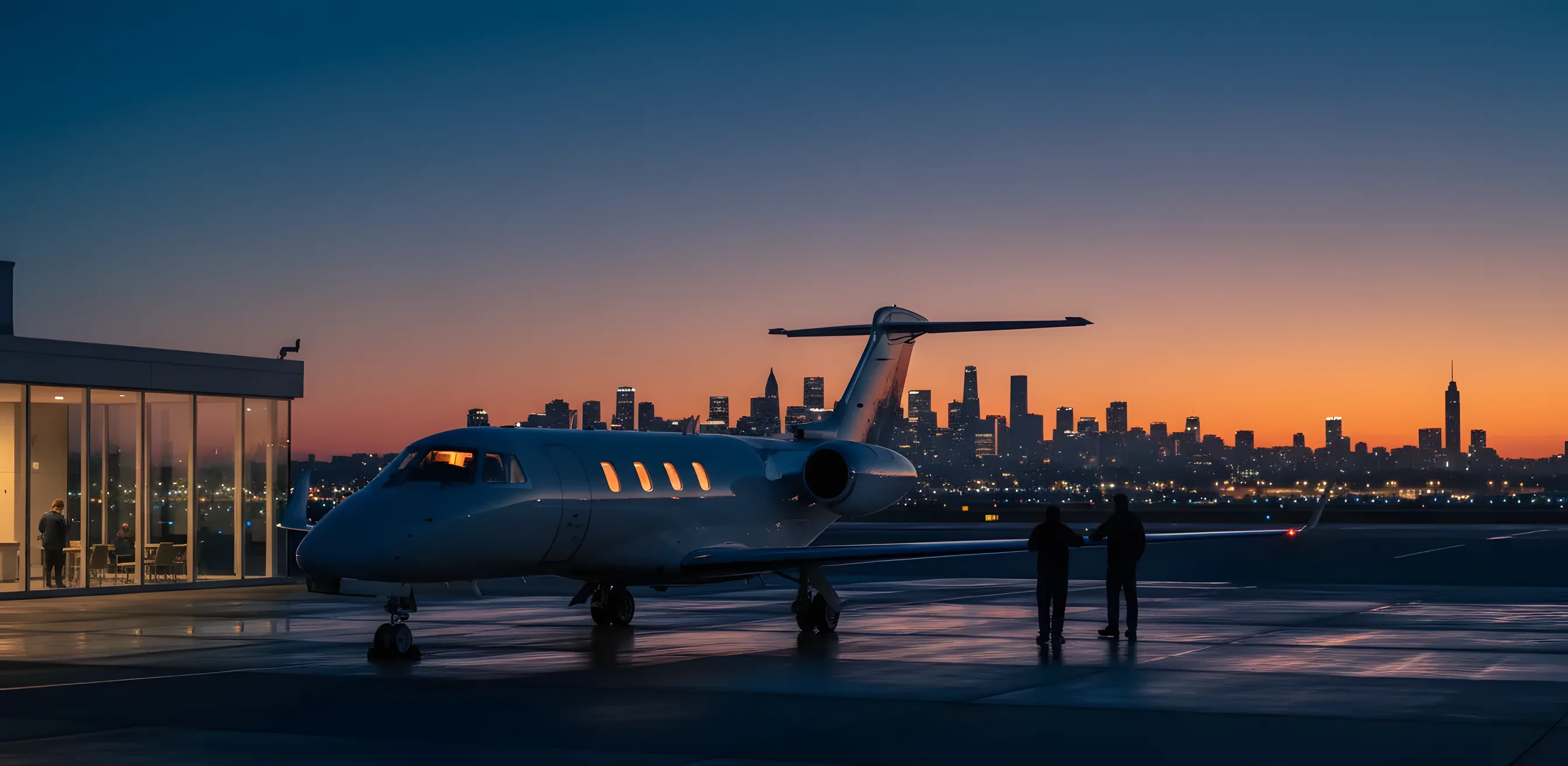 A private jet on an airfield at twilight with a city skyline in the background.