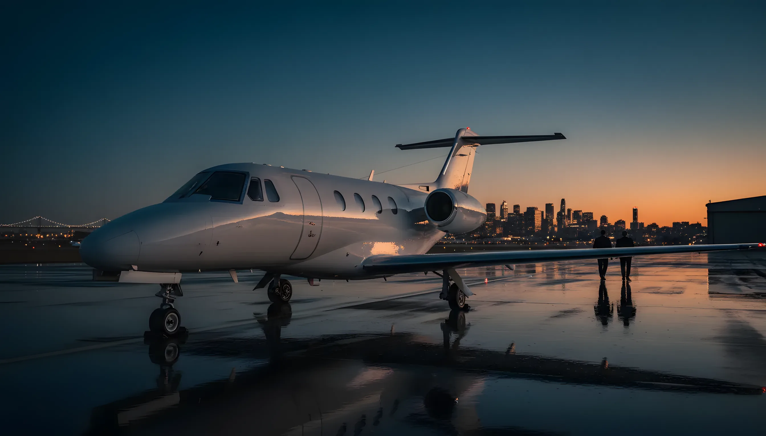 A light private jet on an airport tarmac at dusk with a city skyline in the distance.