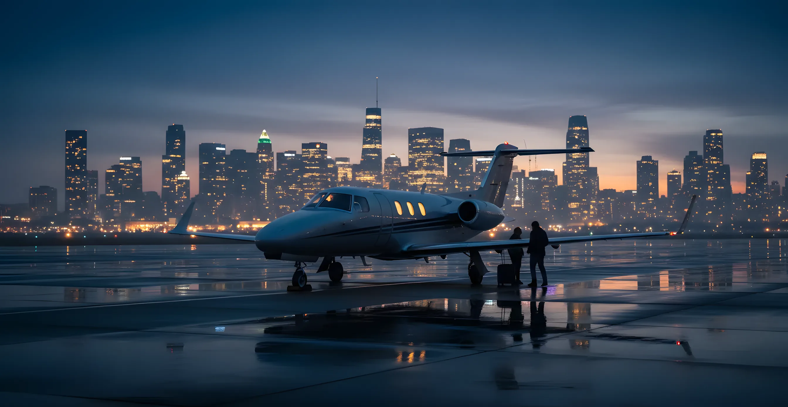 A small private jet on an airport tarmac at dusk, with a city skyline glowing in the background.
