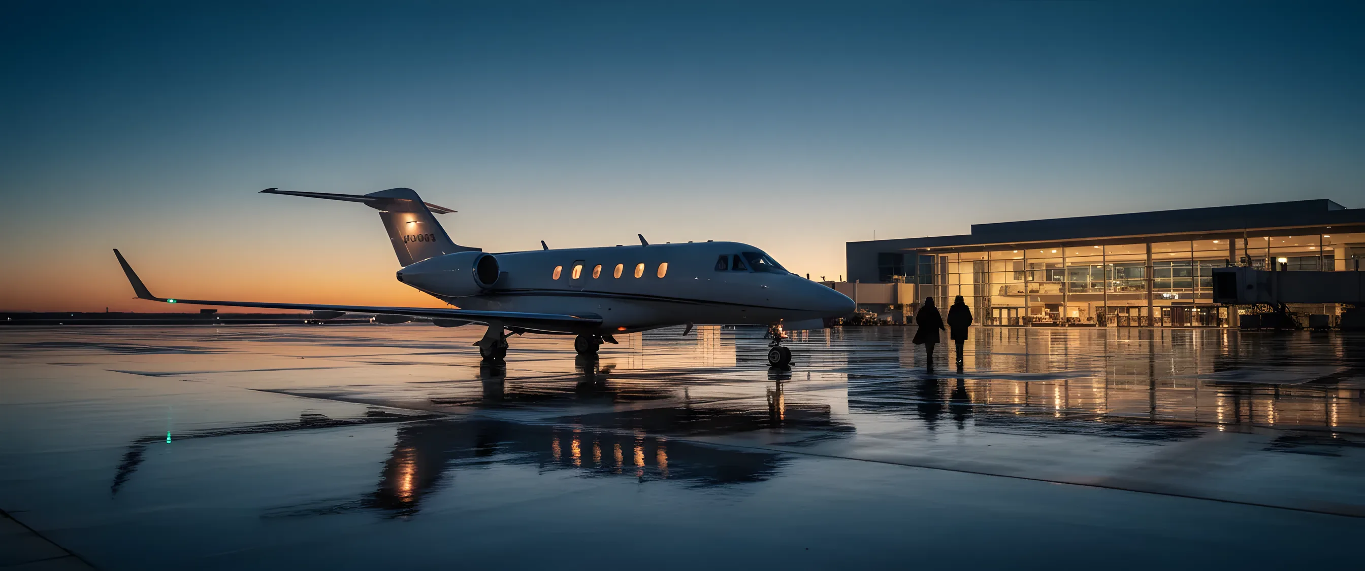 A private jet on an airport tarmac at dusk, with warm light glowing from its windows and a nearby terminal.