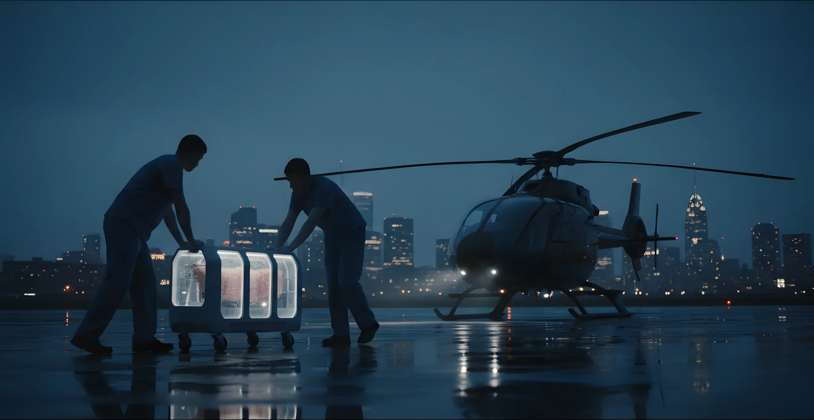 Medical personnel carry an organ transport container to a helicopter on a rooftop helipad at dusk.
