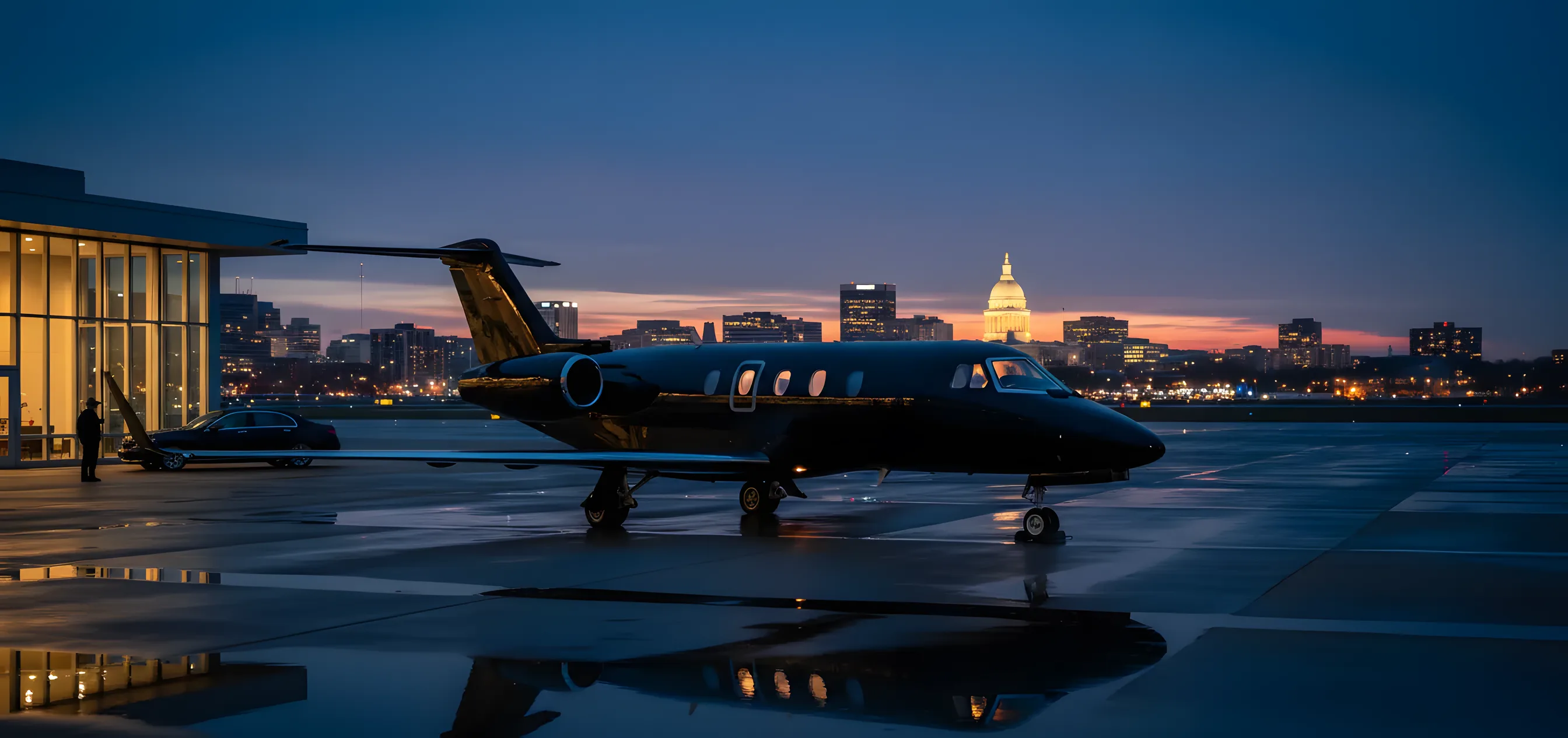 A private jet on an airport tarmac at dusk, with the Columbia, South Carolina skyline in the background.