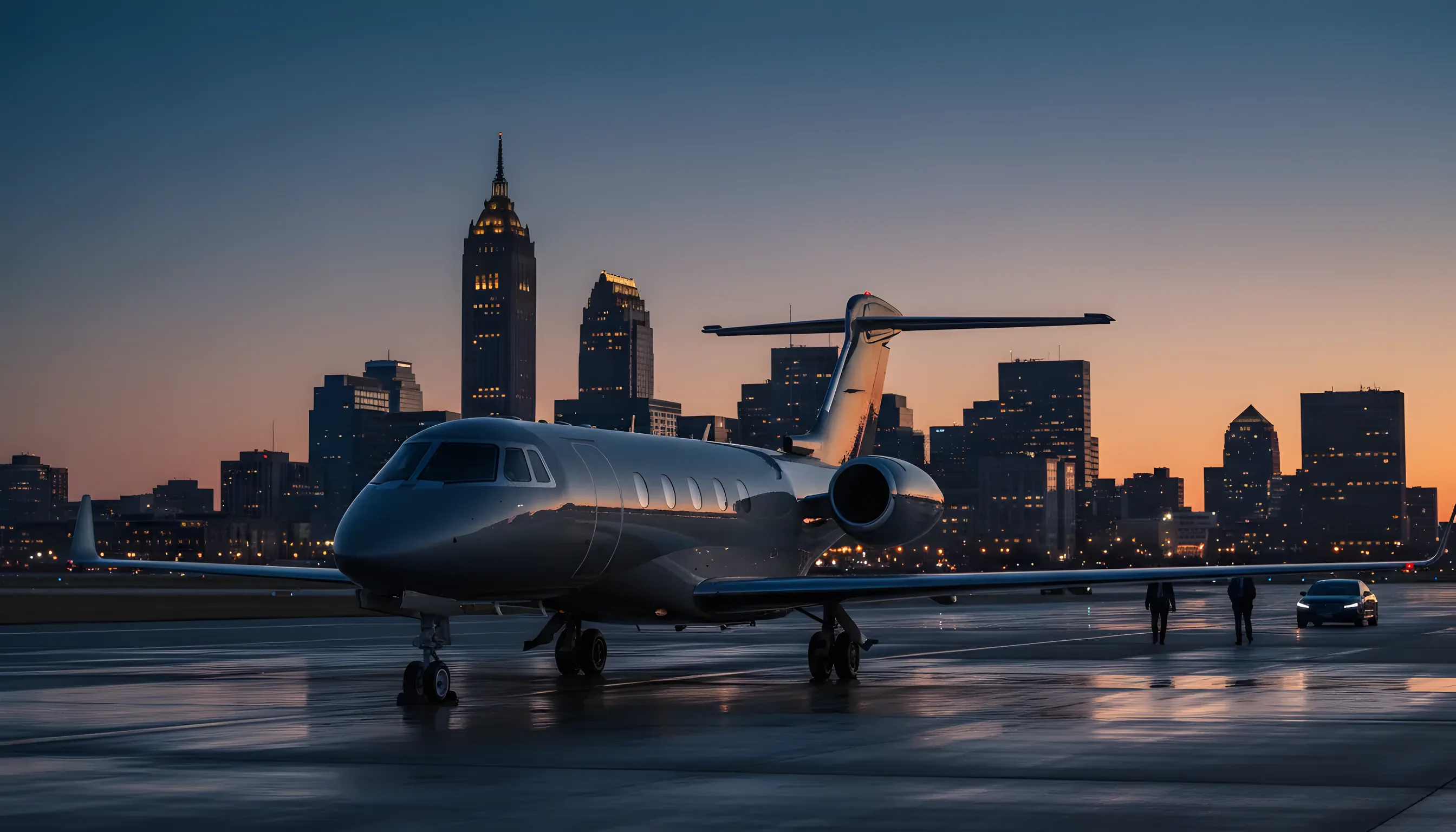 A private jet on an airfield with the Columbus, Ohio skyline visible in the distance at dusk.