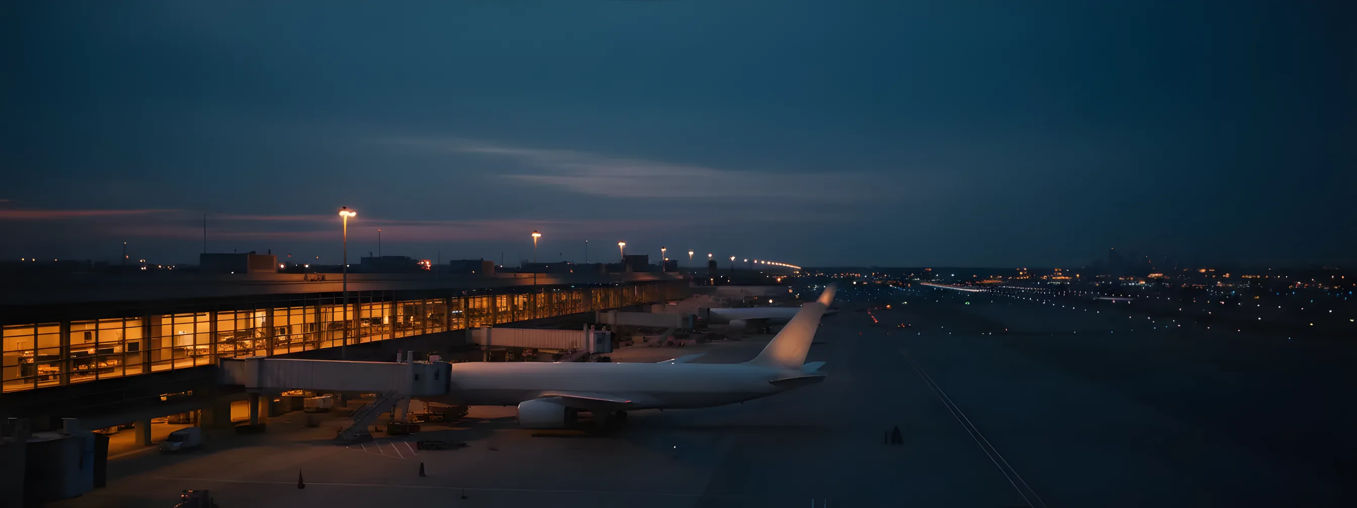 A passenger jet at a JFK airport gate during twilight, with the terminal lights glowing warmly.