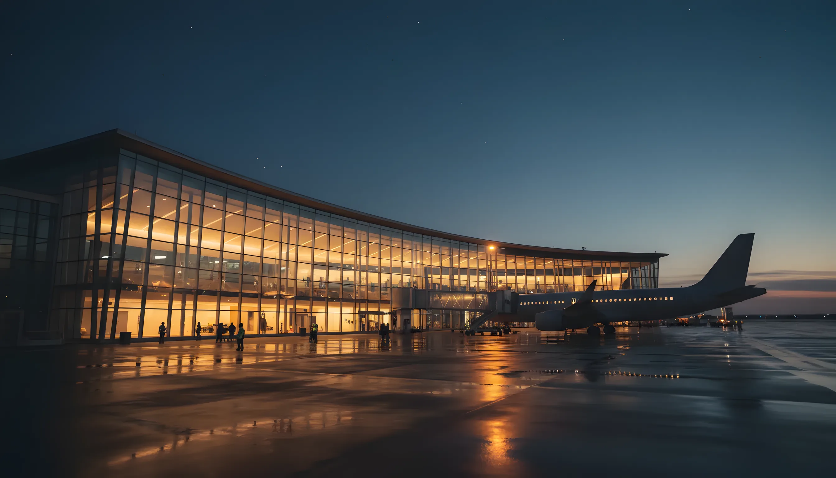 A modern airport terminal and a passenger jet on the tarmac at twilight.