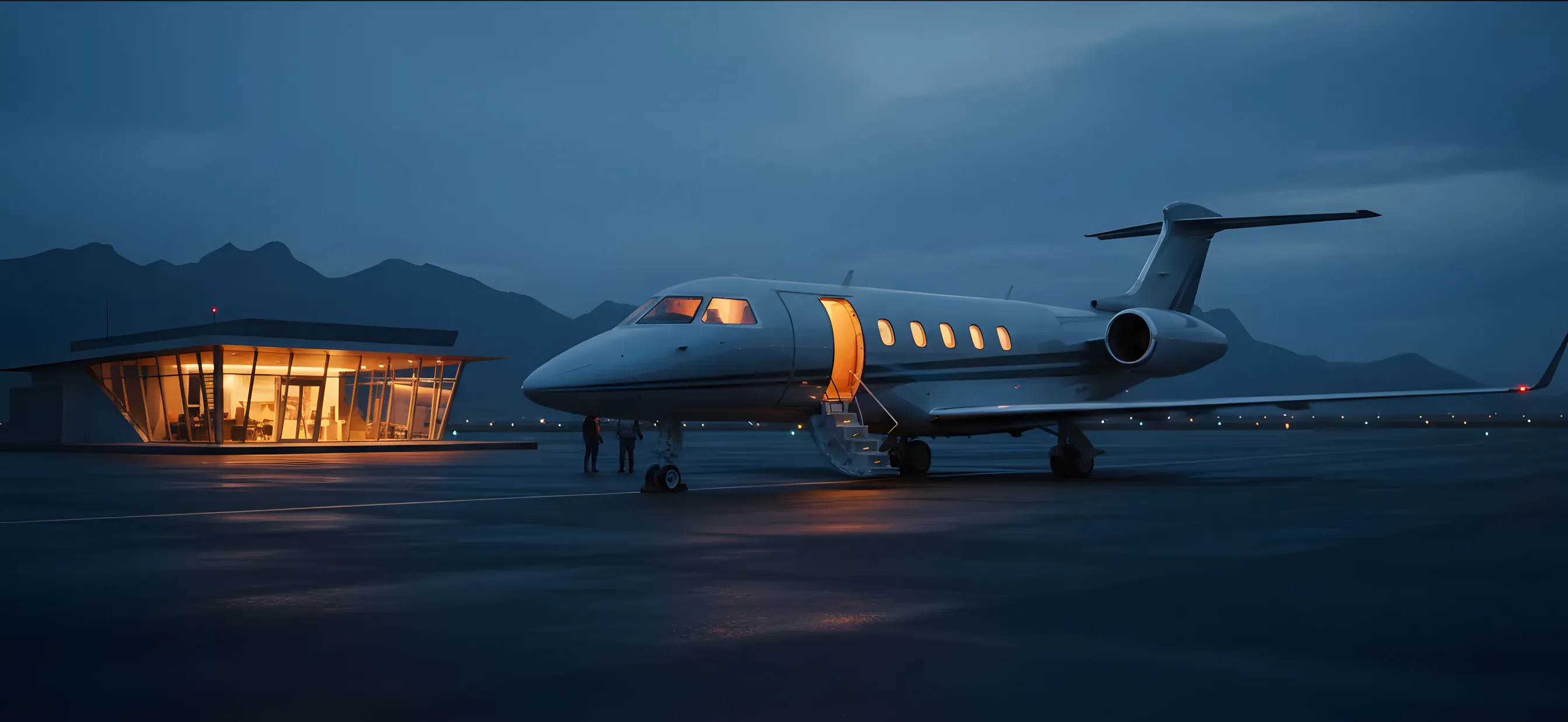 A private jet on an airport tarmac at dusk, with mountains silhouetted against the sky.