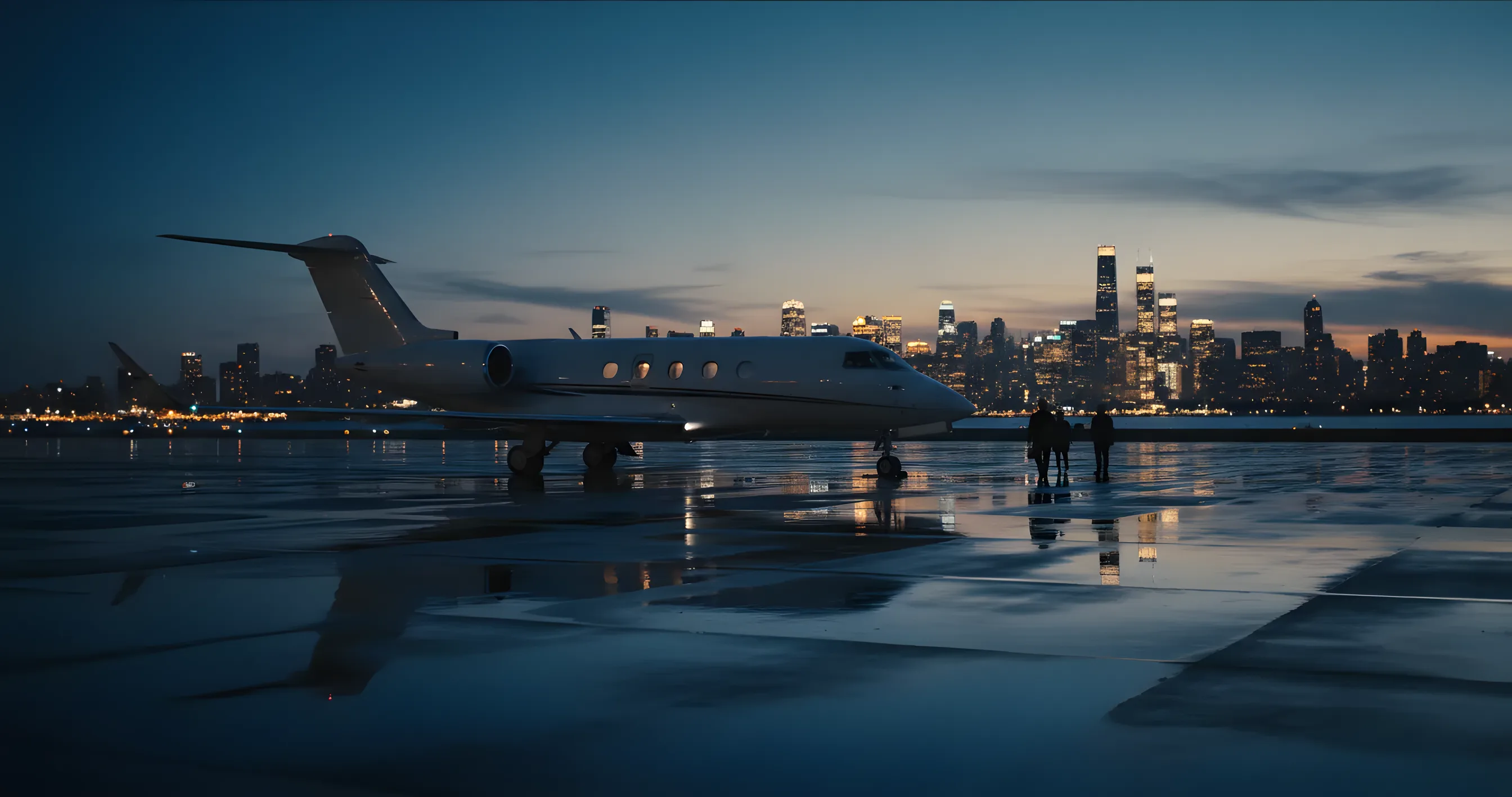 A private jet on an airport tarmac at dusk, with a city skyline glowing in the background.