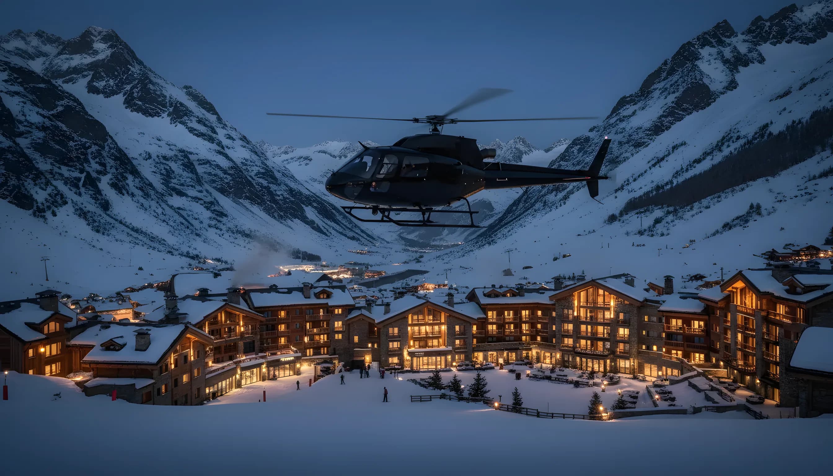 A helicopter approaches the glowing lights of the Courchevel ski resort in the French Alps at dusk.