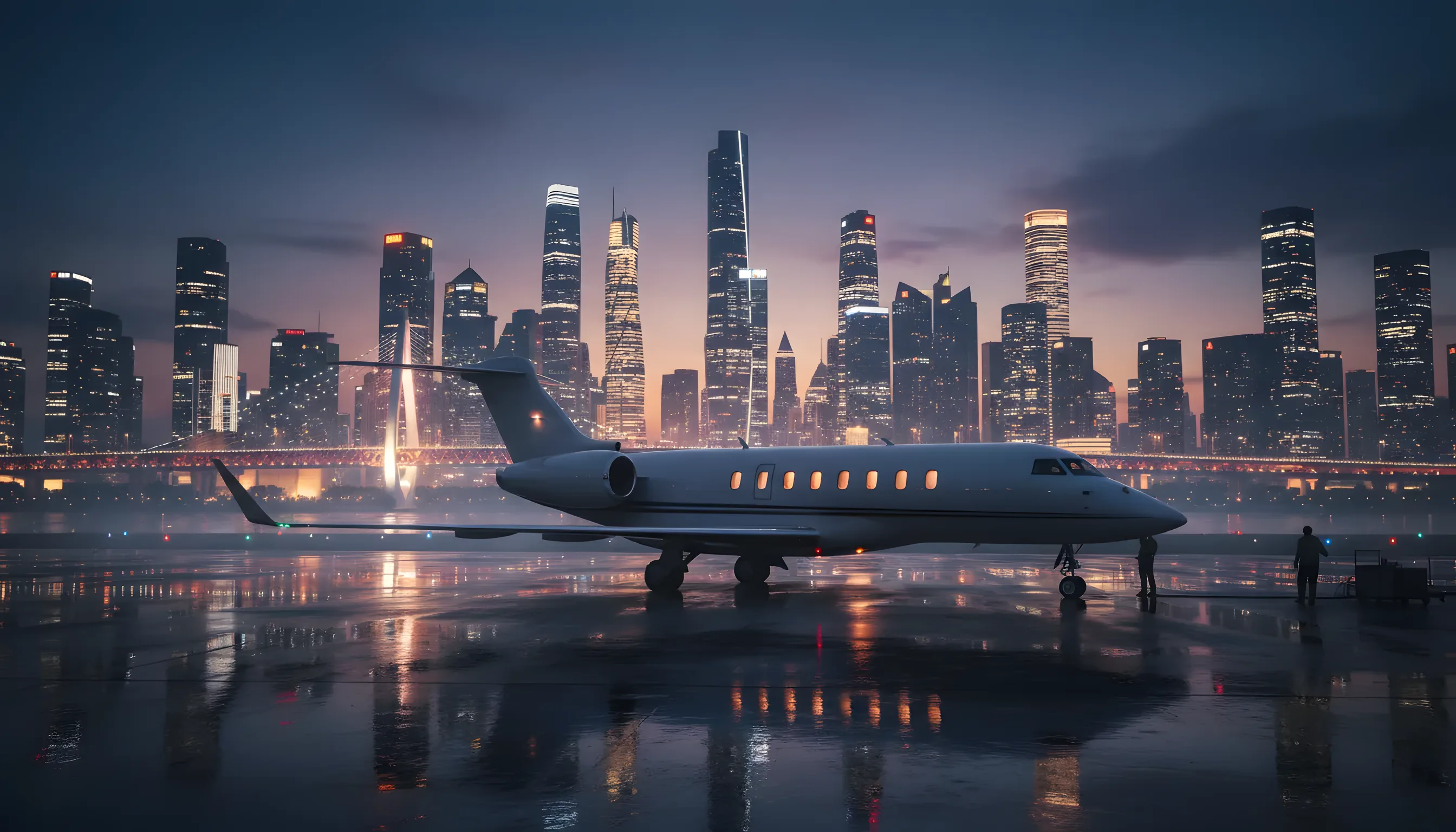 A private jet on an airport tarmac at dusk with a glowing city skyline in the background.