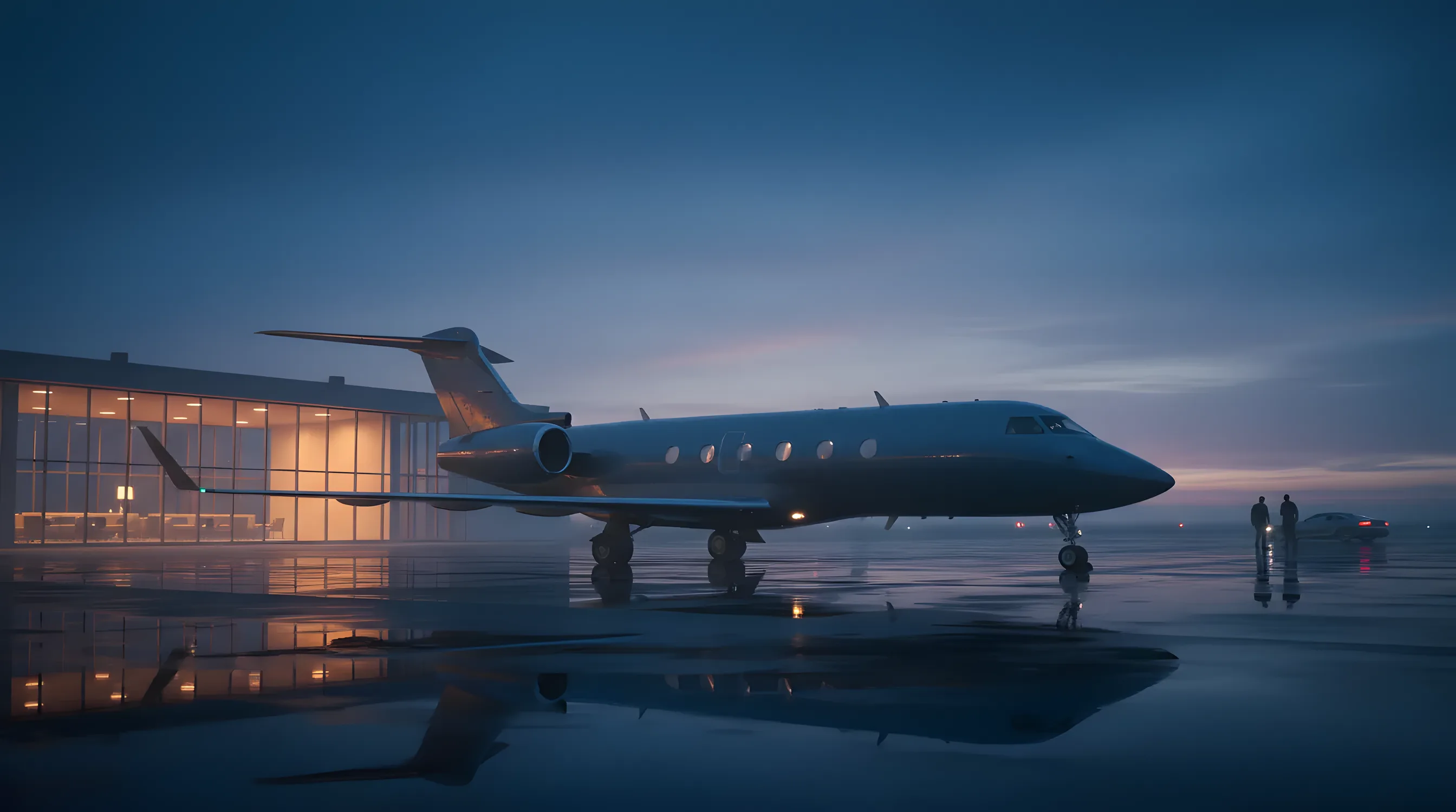 A private trijet on an airfield tarmac at dusk, with a modern terminal glowing in the background.
