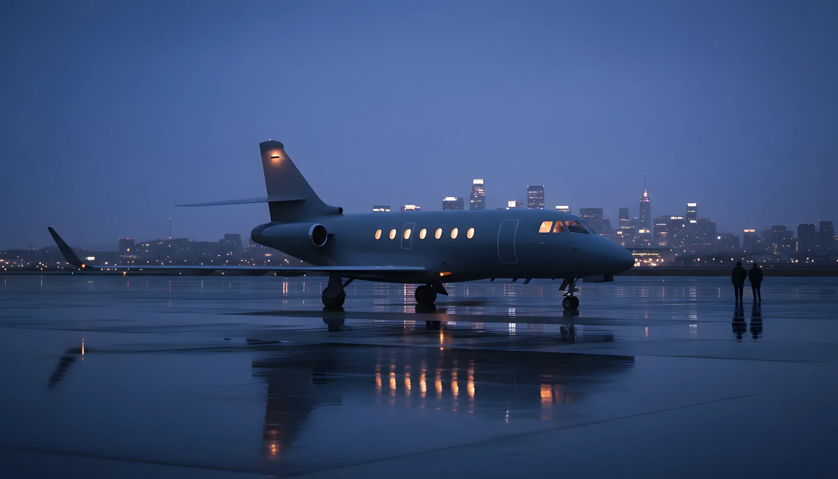 A private jet with three engines on a tarmac at dusk, with a city skyline glowing in the background.
