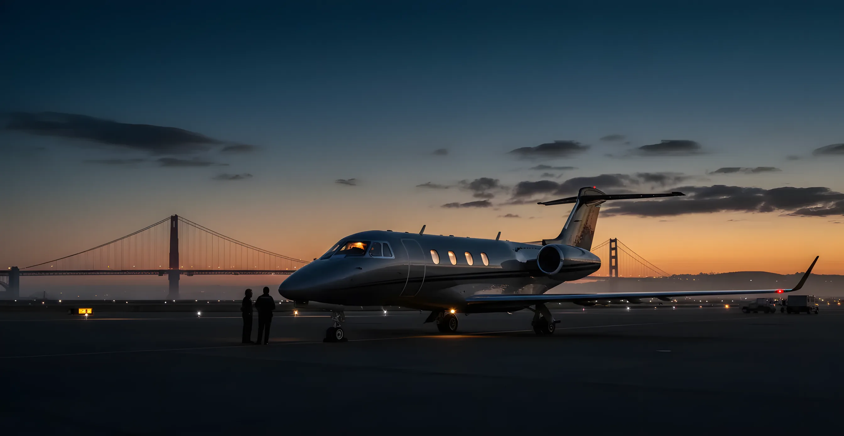 A private jet on the tarmac with the Golden Gate Bridge in the background.