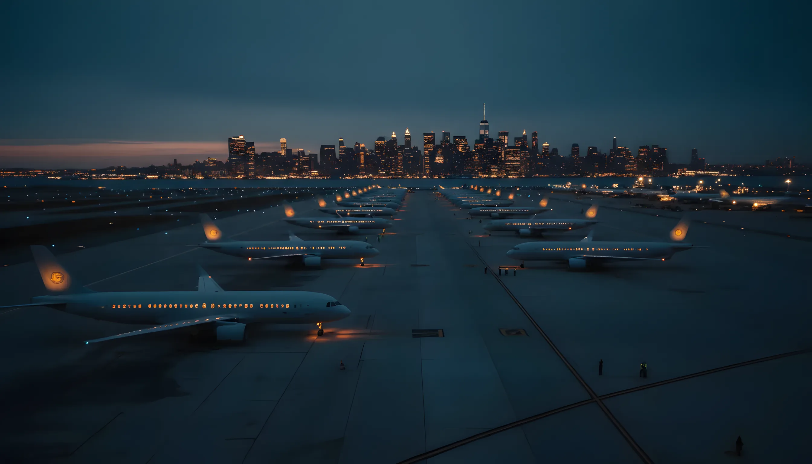 A line of airplanes on an airport tarmac at dusk, with the Manhattan skyline in the background.