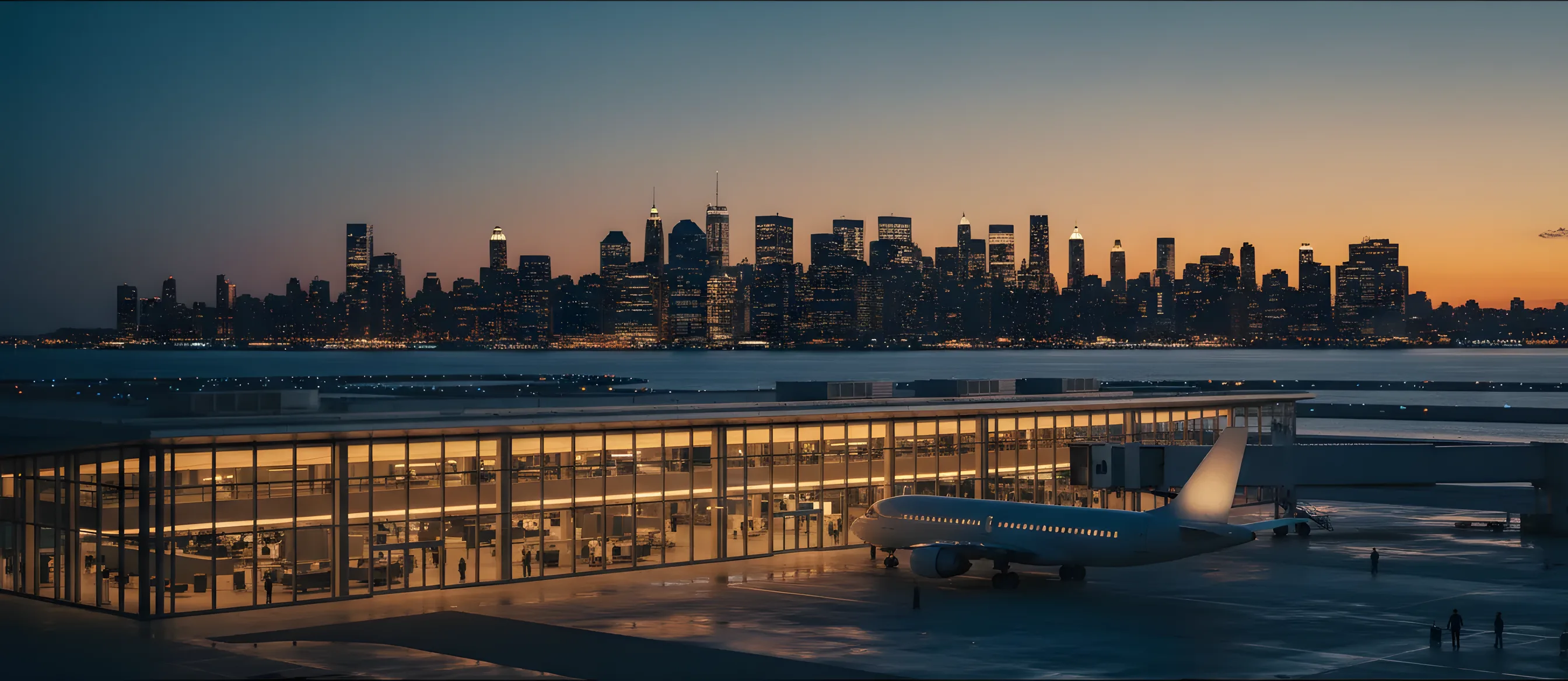 A modern glass airport terminal at dusk with a passenger jet at the gate and a city skyline in the distance.