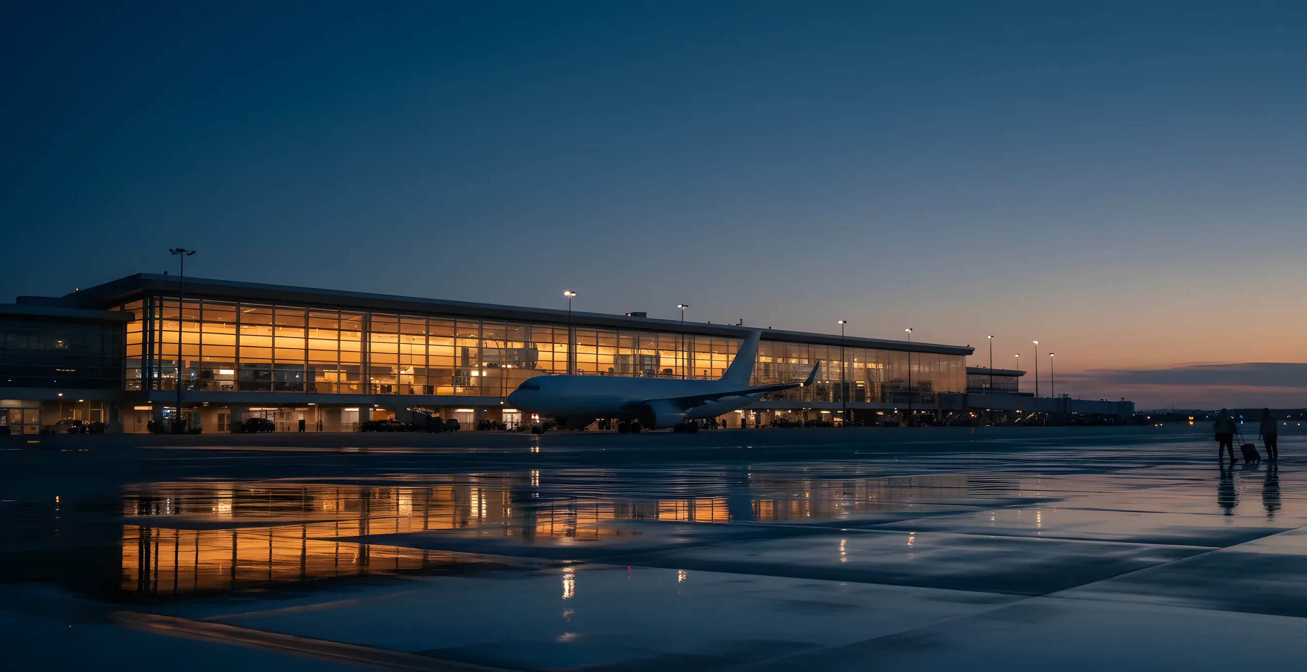 A modern glass airport terminal at dusk with a passenger jet on the tarmac.