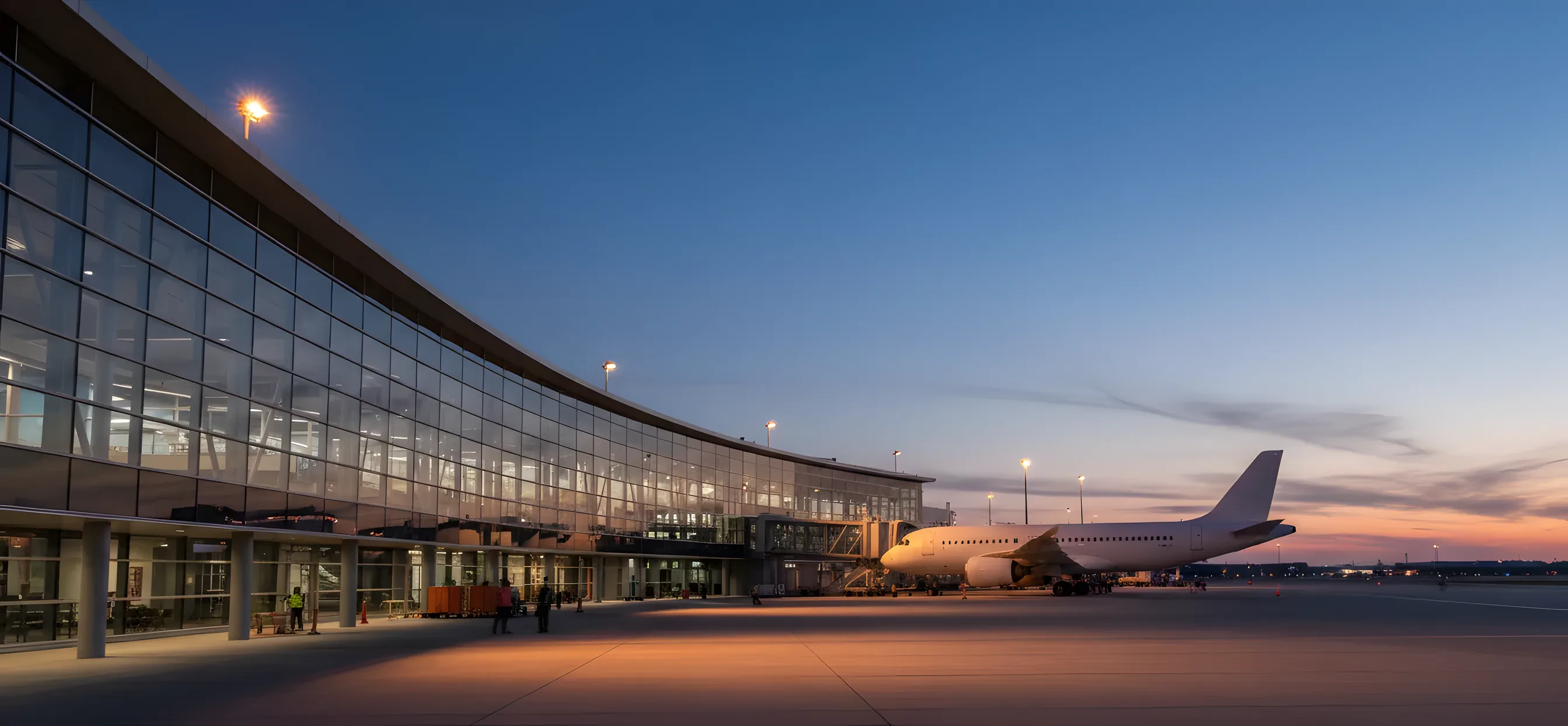 A modern airport terminal and an airliner on the tarmac at dusk.