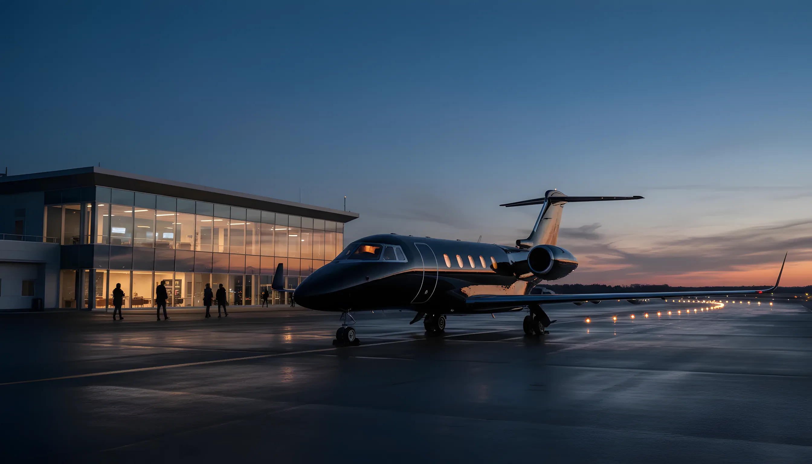 A private jet on an airfield at twilight, with a modern terminal building in the background.