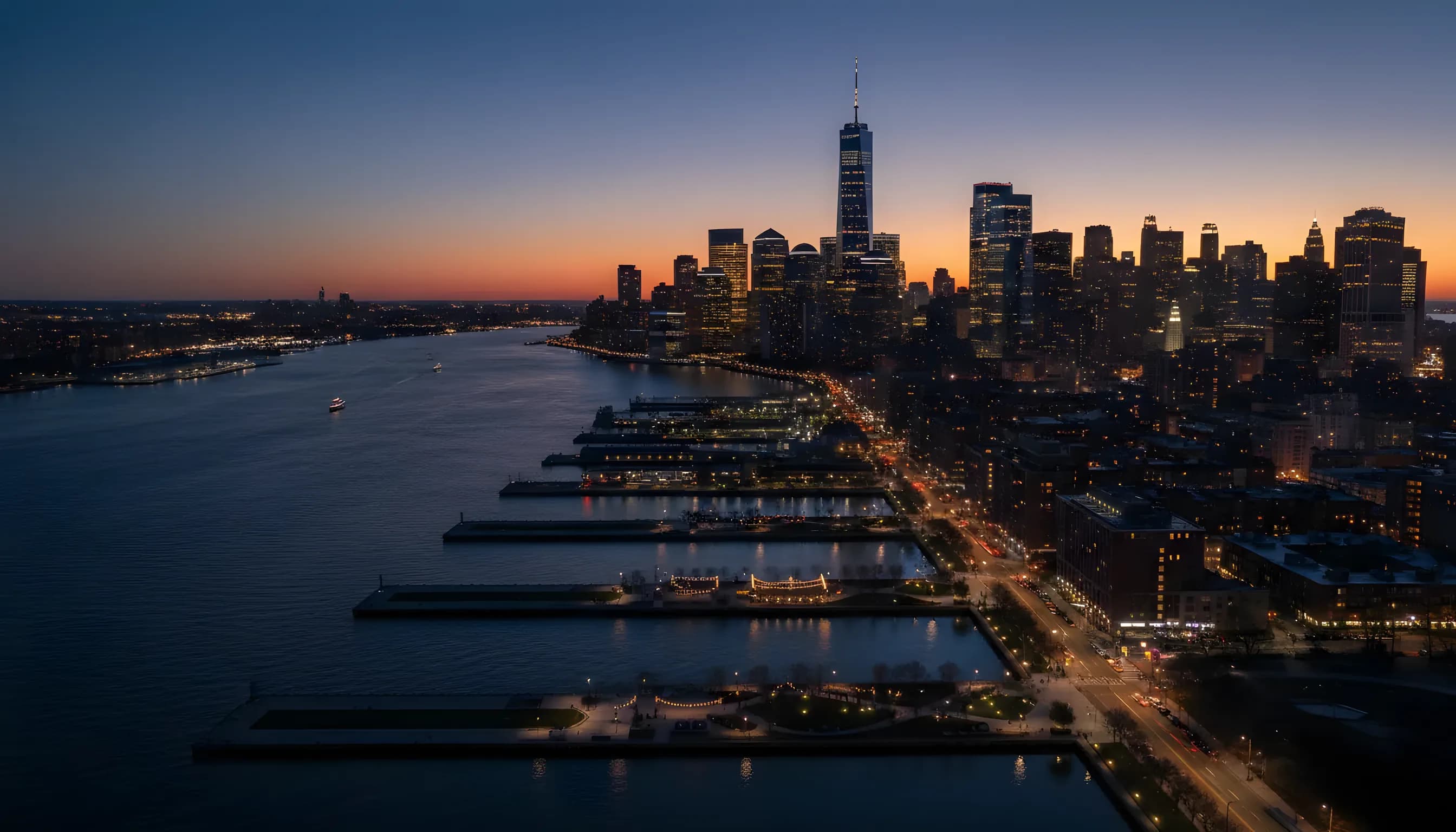 The Lower Manhattan skyline and Hoboken waterfront seen from the air at dusk, with city lights beginning to glow.
