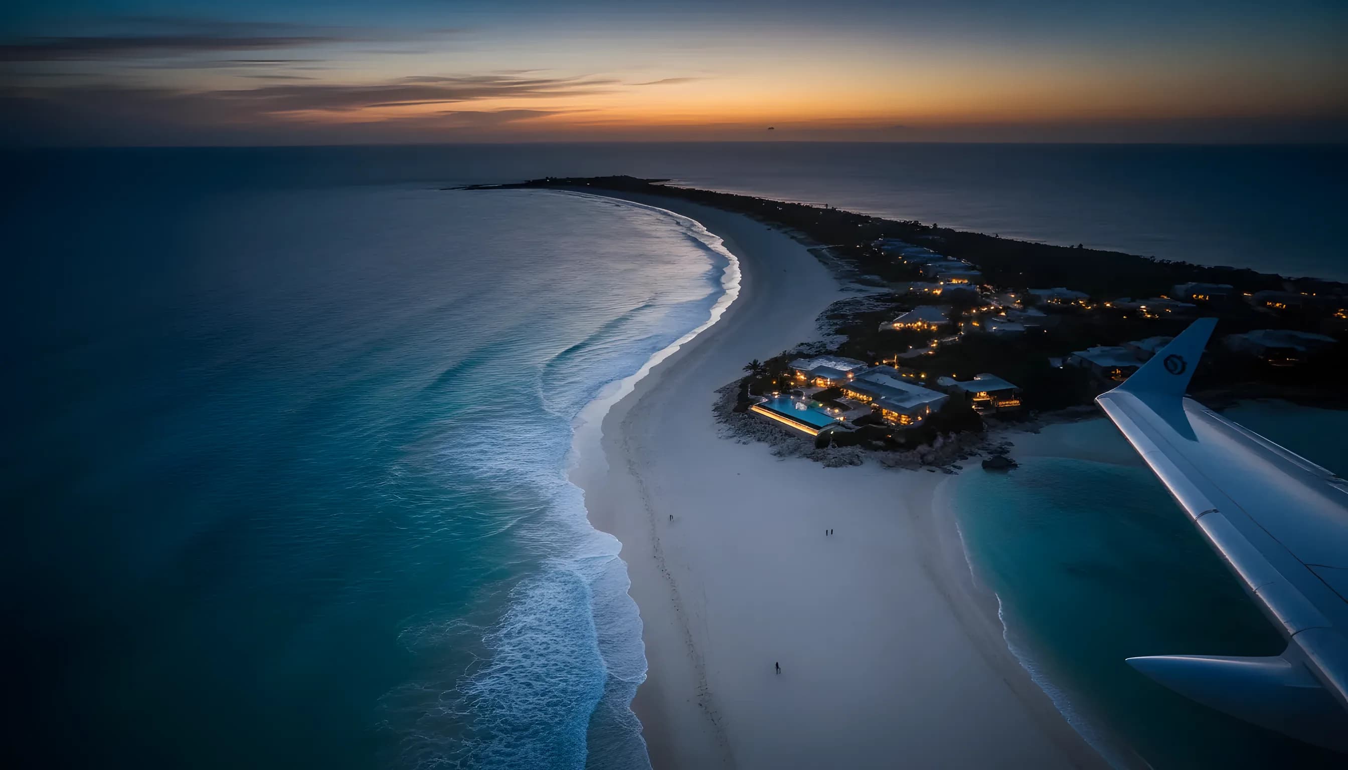 Aerial view of a remote tropical coastline and beach from a private jet window.