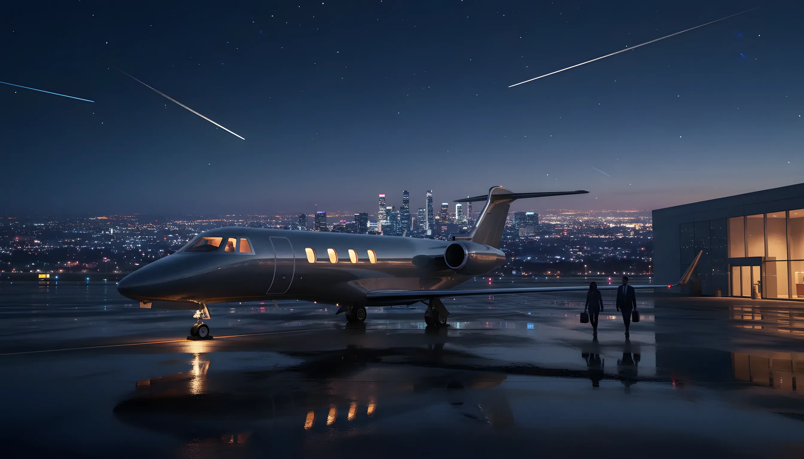 A private jet on an airport tarmac at dusk, with a city skyline glowing in the background.