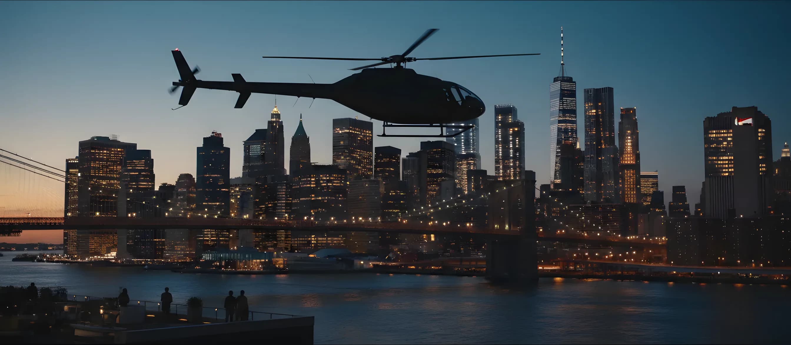 A helicopter flies over a river toward the Manhattan skyline at dusk.