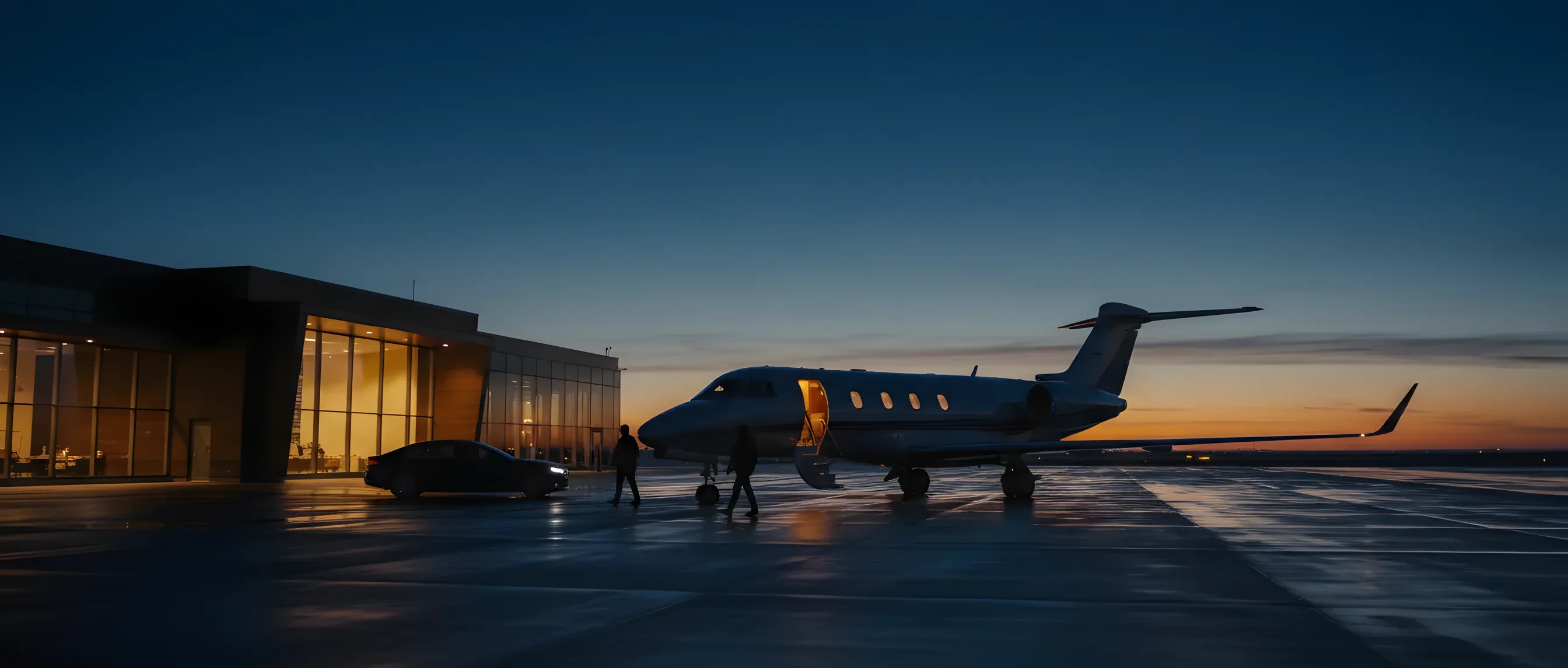 A private jet on an airfield at dusk with passengers walking from a car directly to the plane.