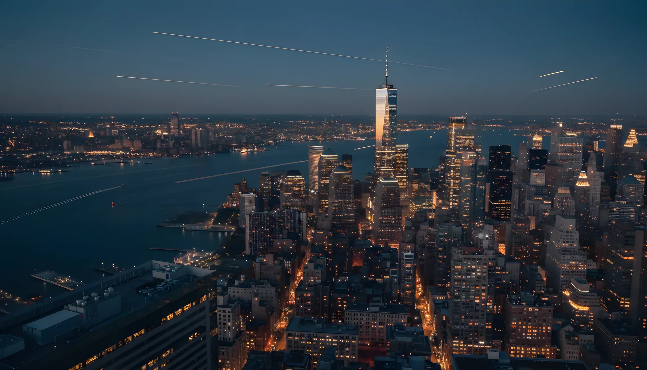Aerial view of the Manhattan skyline at dusk, with city lights glowing and aircraft light trails in the distant sky.