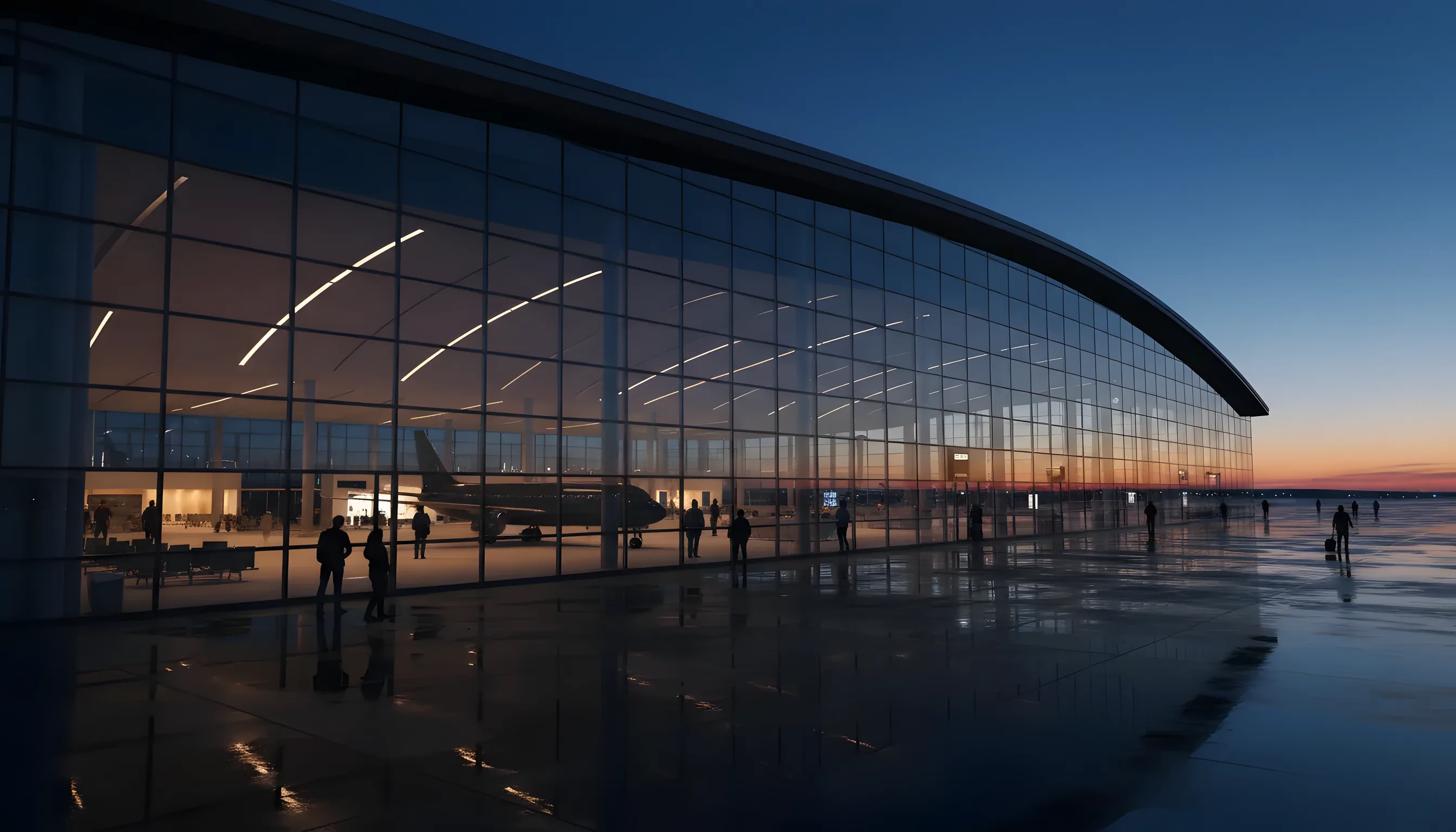 A modern airport terminal at dusk with a plane visible on the tarmac through large glass windows.