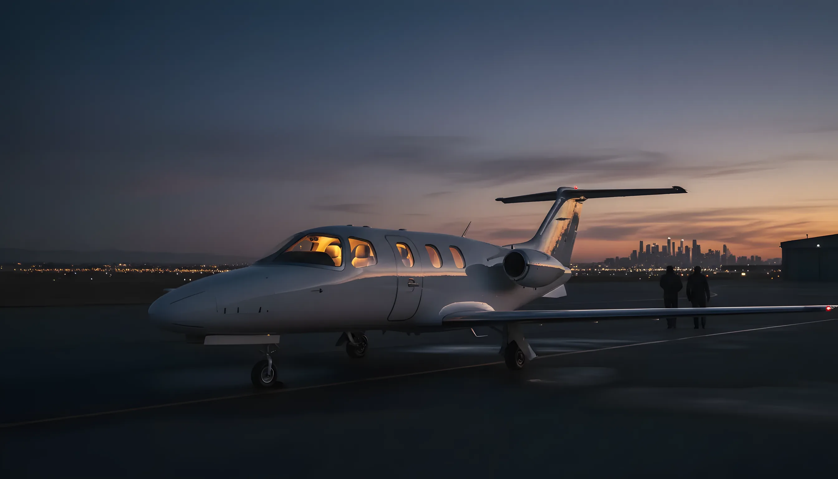 A small private jet on an airfield at dusk, with its interior lights glowing against a dark blue sky.