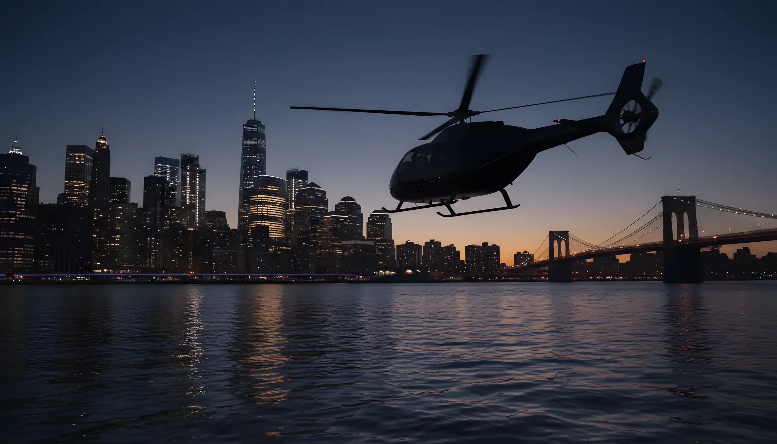 A helicopter flies over the East River at dusk with the illuminated Manhattan skyline in the background.