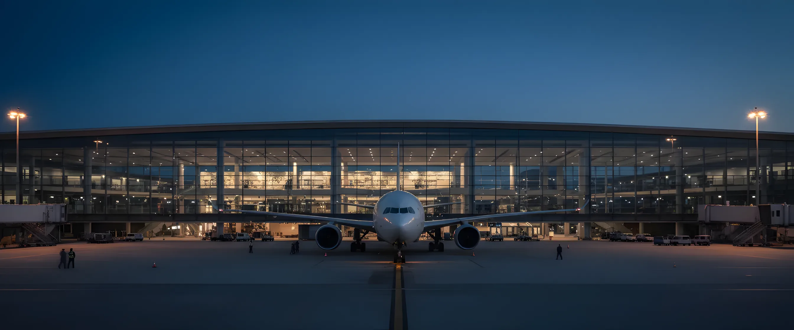 A modern airport terminal at dusk with a passenger jet parked at the gate.