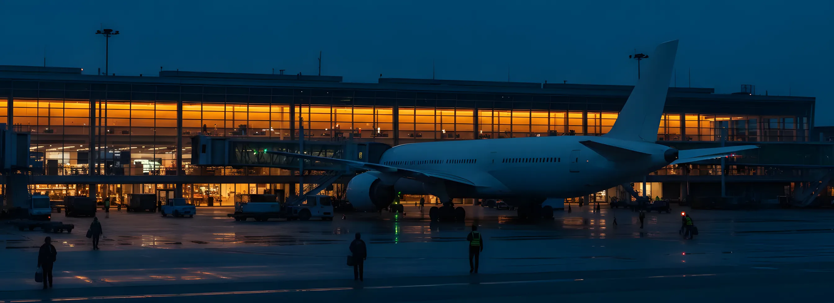 A large passenger airplane at an airport terminal gate just after sunset.