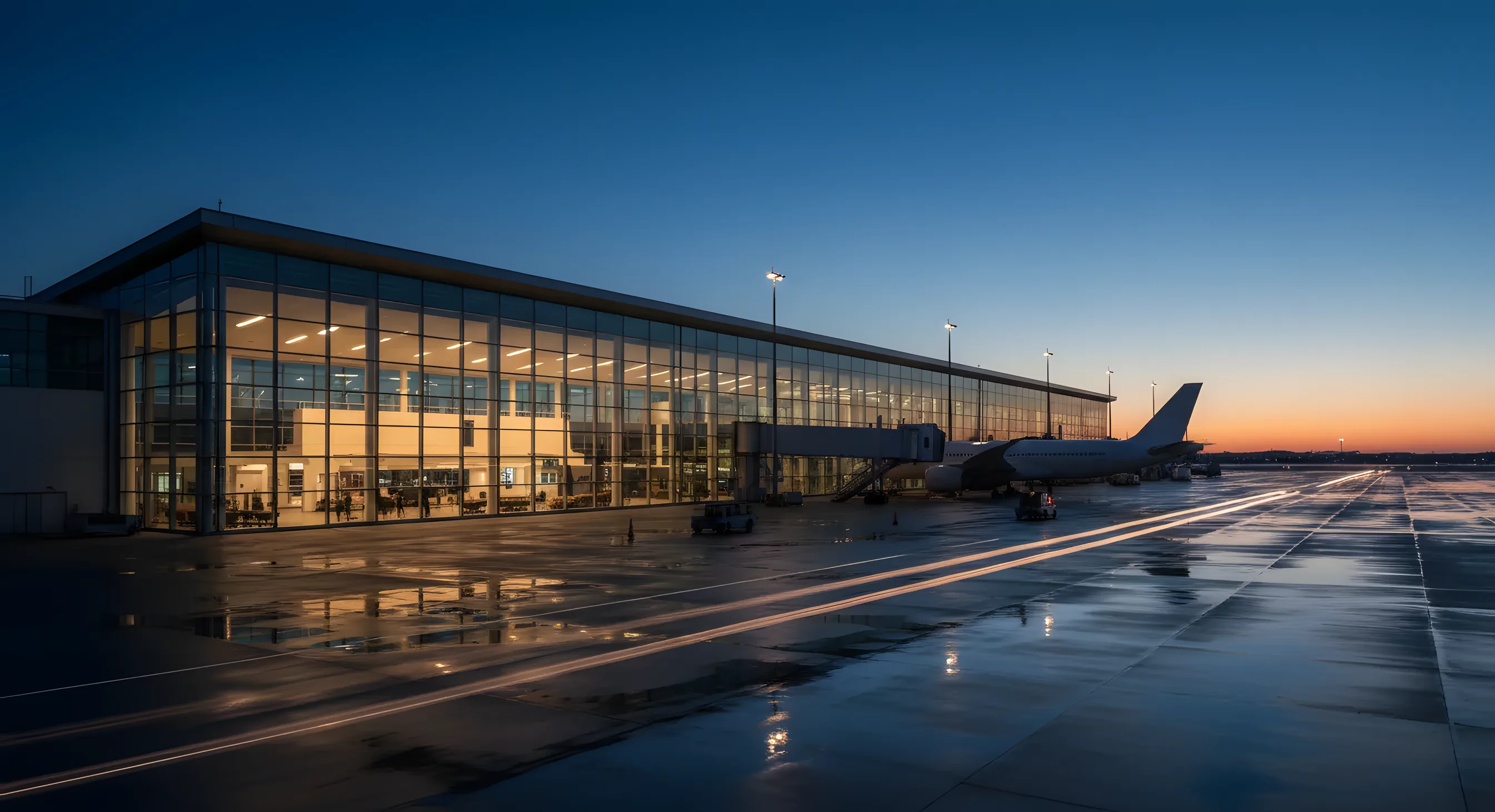 A modern airport terminal at dusk, with warm lights glowing from within and an airplane parked at the gate.
