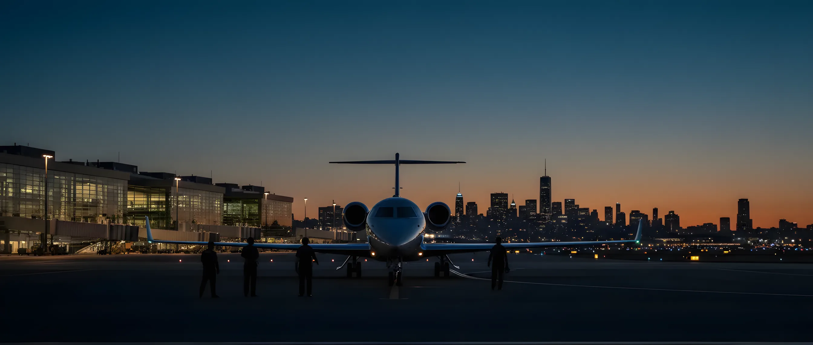 A modern jet on an airport tarmac at dusk, with a glowing terminal and distant city skyline in the background.