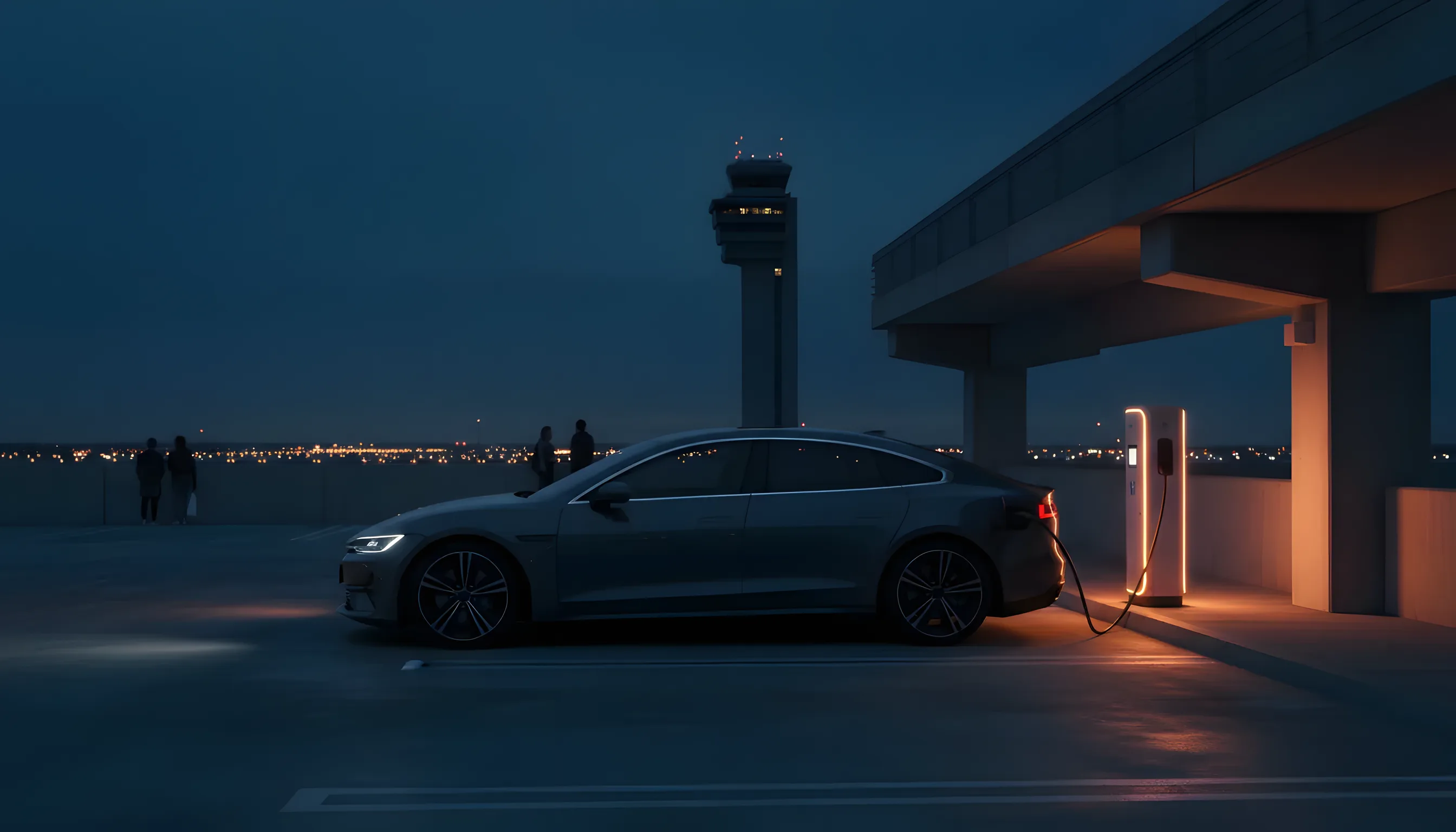 An electric car charges in an airport parking garage at dusk, with the airport control tower visible in the distance.