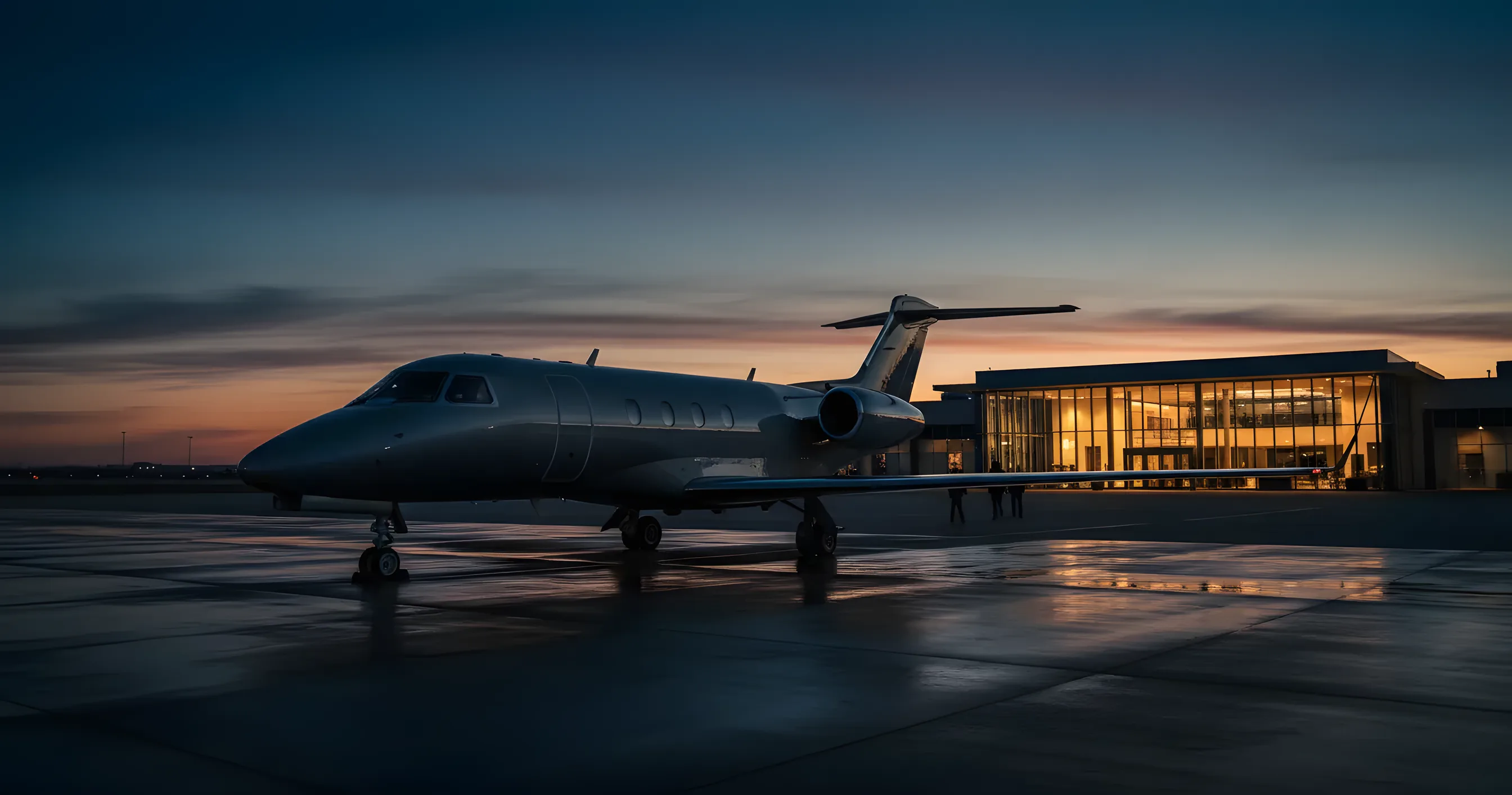 A private jet on an airport tarmac at dusk, with a glowing terminal in the background.