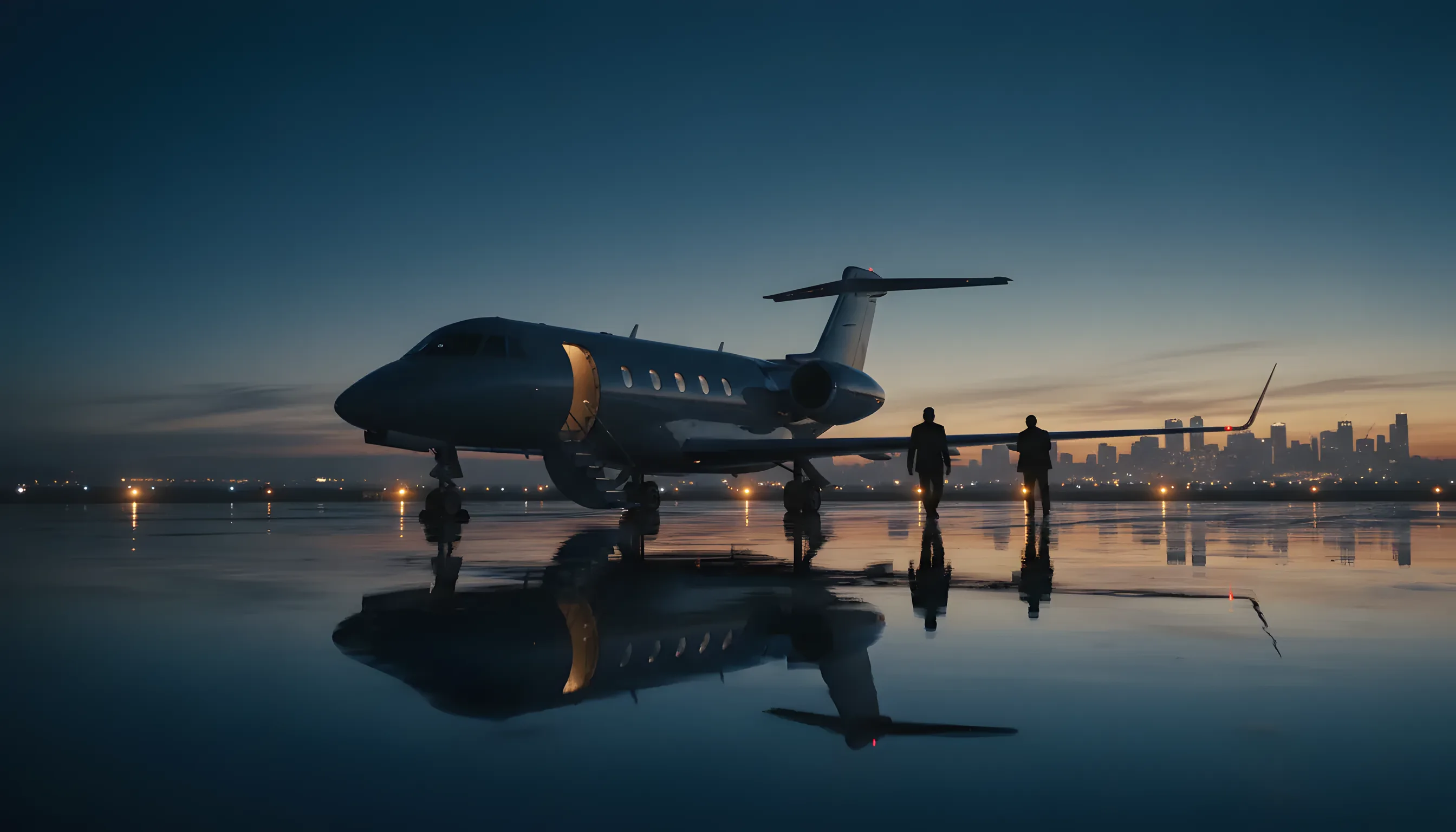 A private jet on an airport tarmac at dusk with a city skyline in the background.