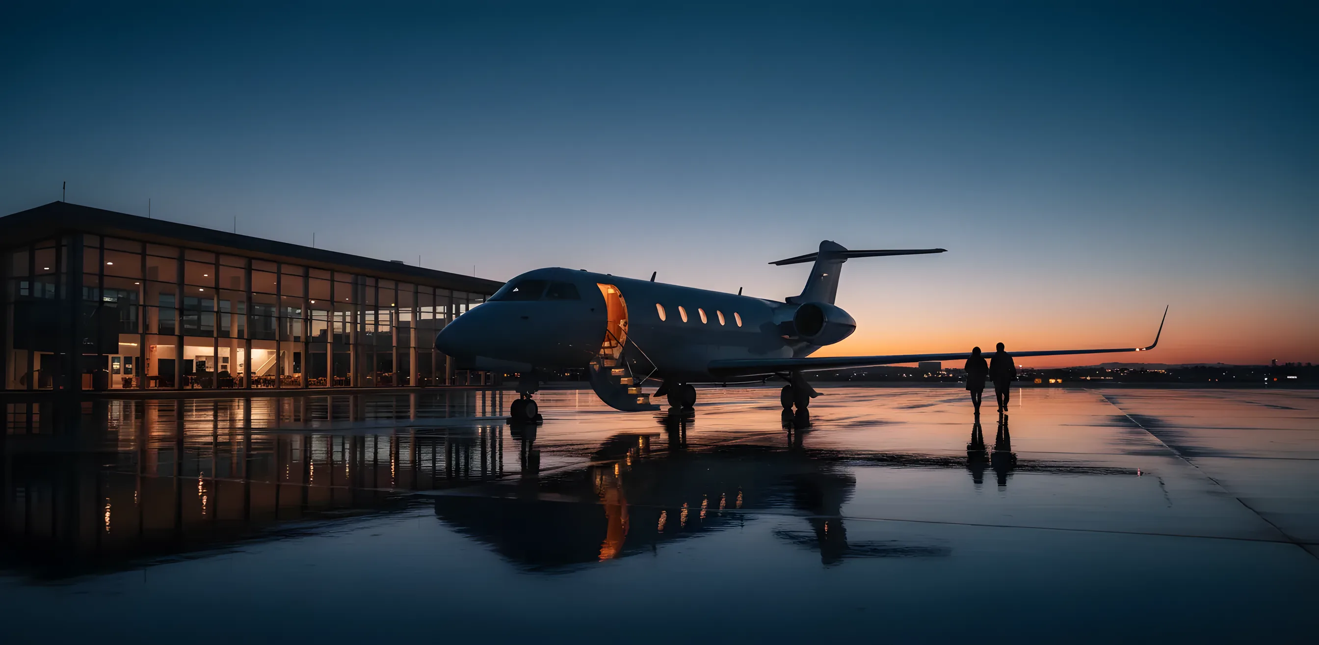 A private jet on a tarmac at dusk, with glowing lights from a nearby terminal reflecting on the wet ground.