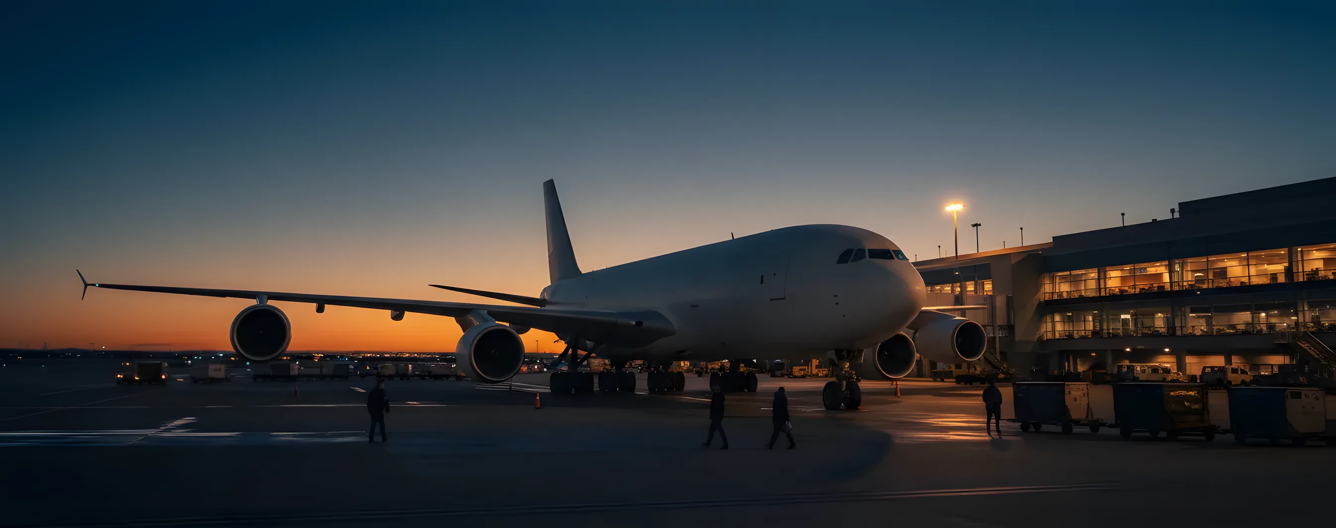 A large passenger jet parked at a modern airport terminal gate during twilight.