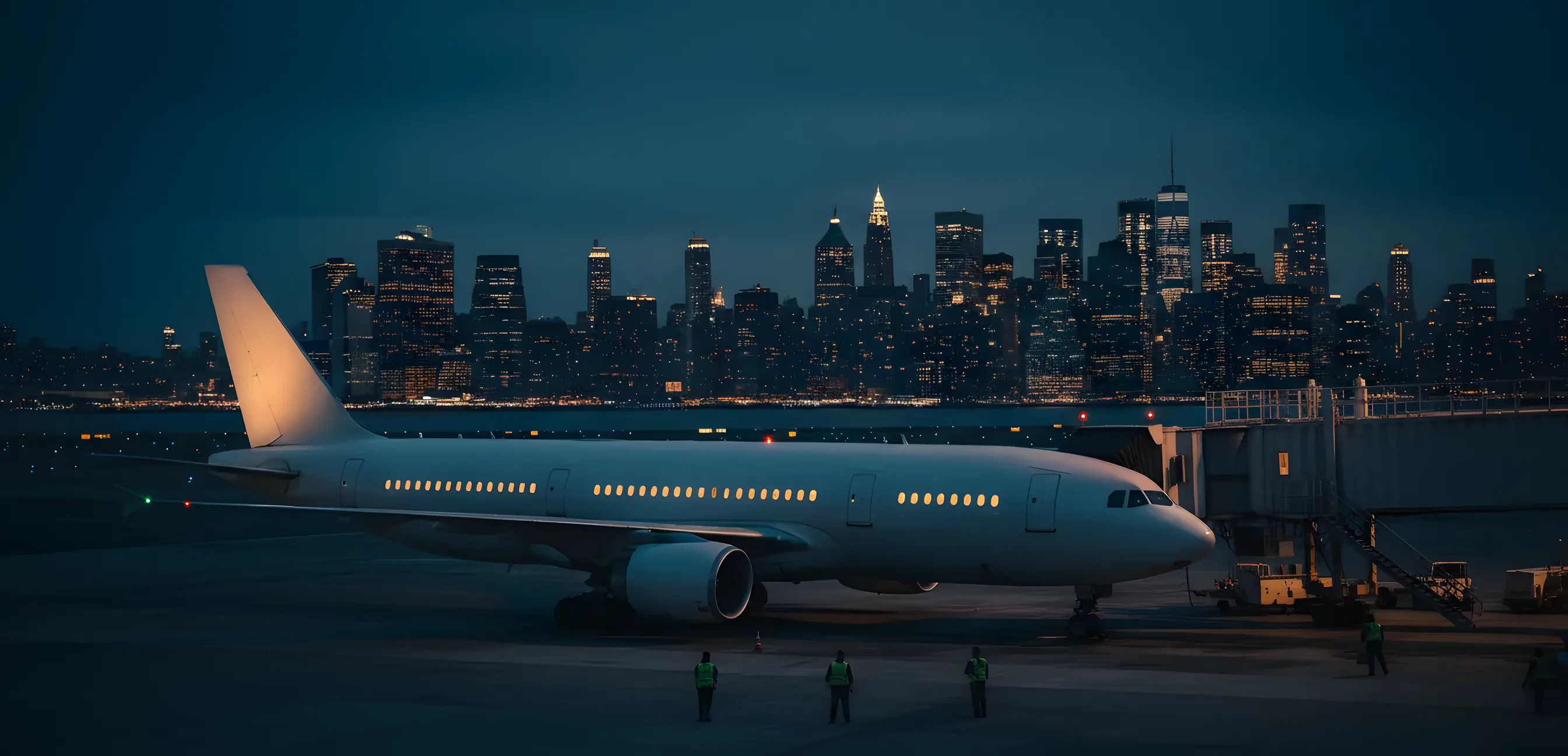A large passenger jet at an airport terminal gate at dusk, with a city skyline in the distance.