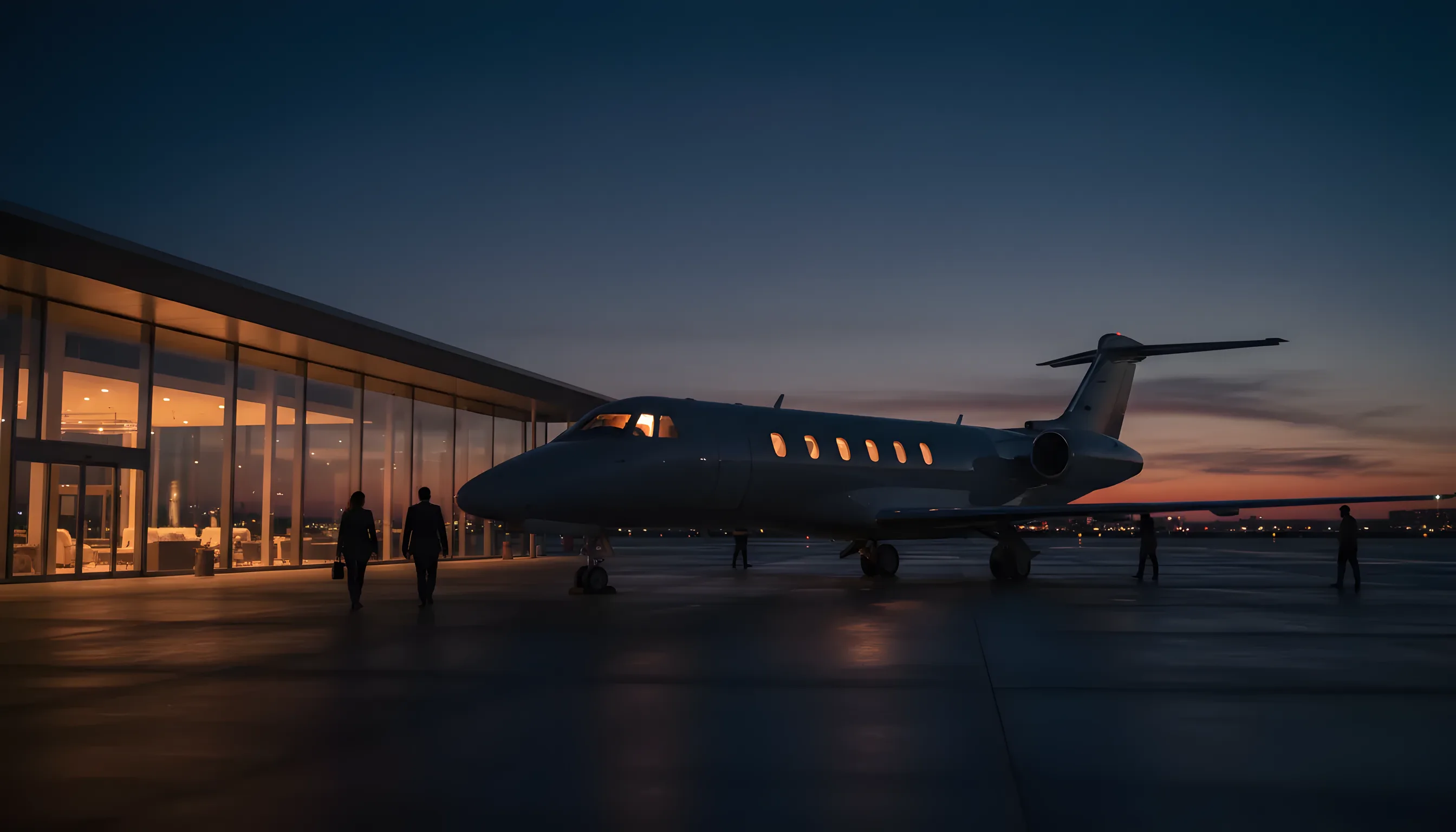A private jet on an airport tarmac at dusk, with lights glowing from the terminal and the aircraft cabin.