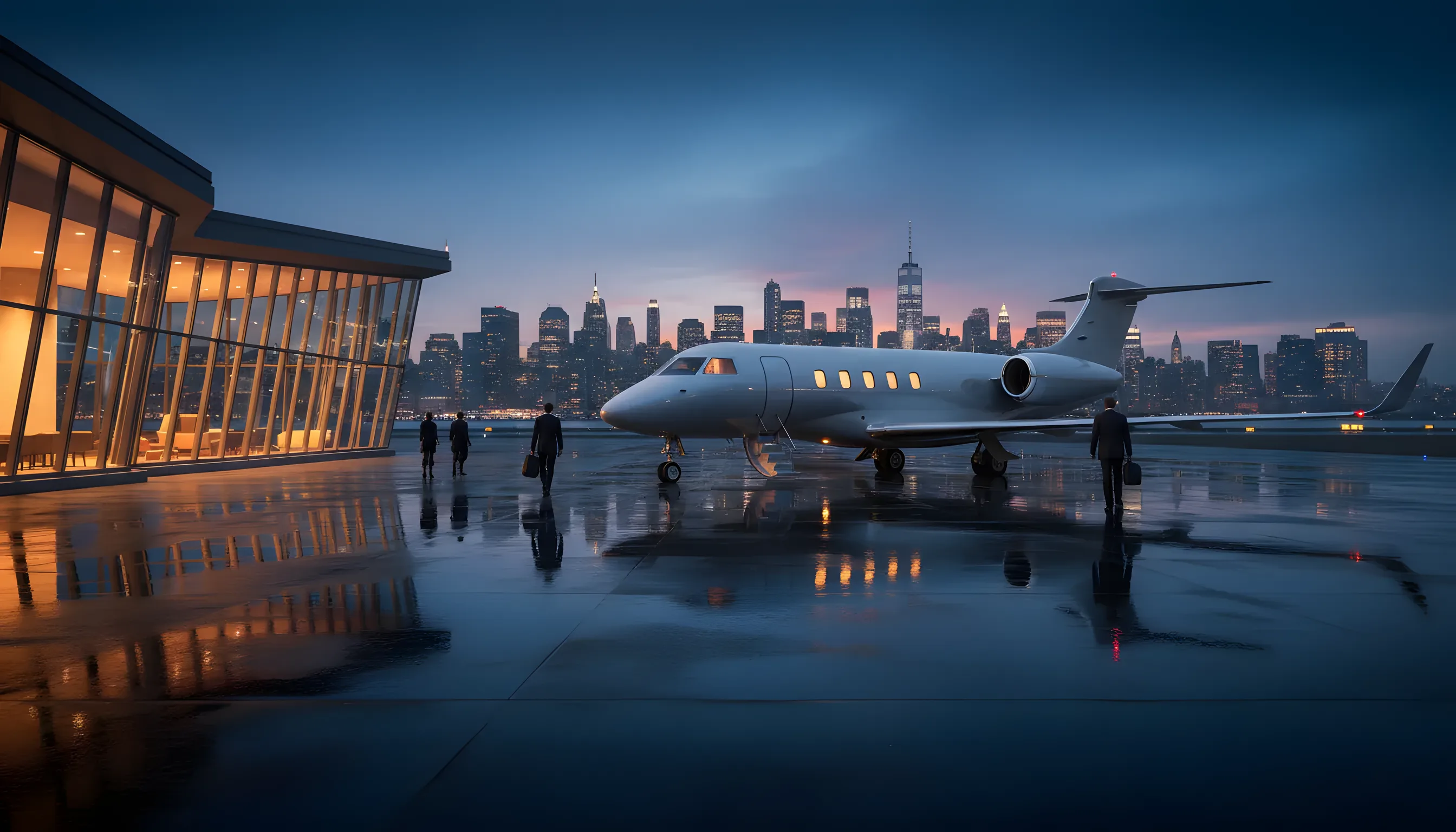 A private jet on an airport tarmac at dusk, with the New York City skyline in the distance.