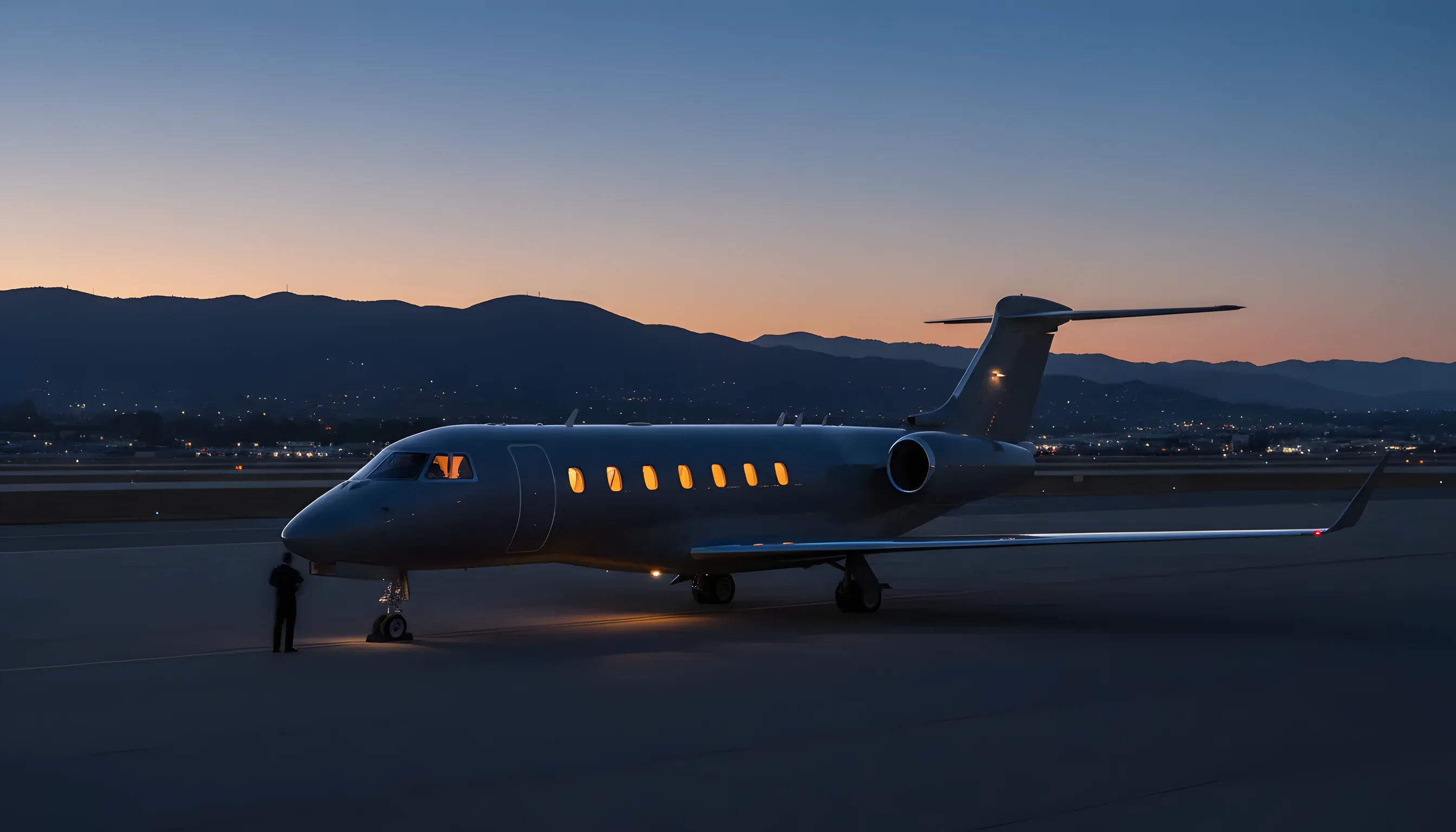 A private jet on an airfield at dusk with the rolling hills of Southern California in the background.