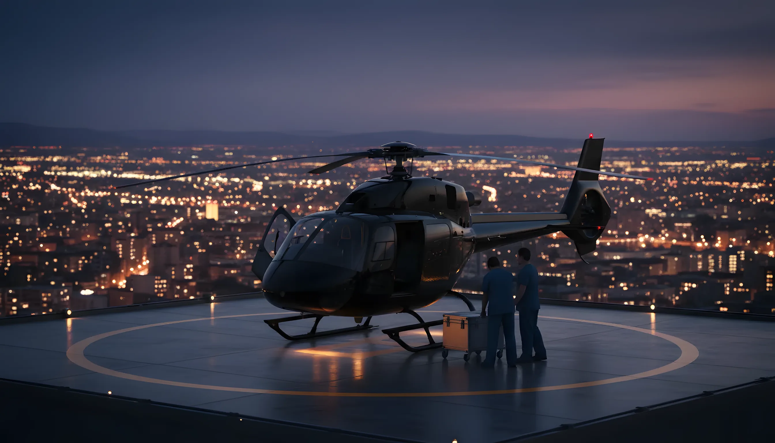 A helicopter on a hospital rooftop helipad at dusk, with a glowing city skyline in the background.